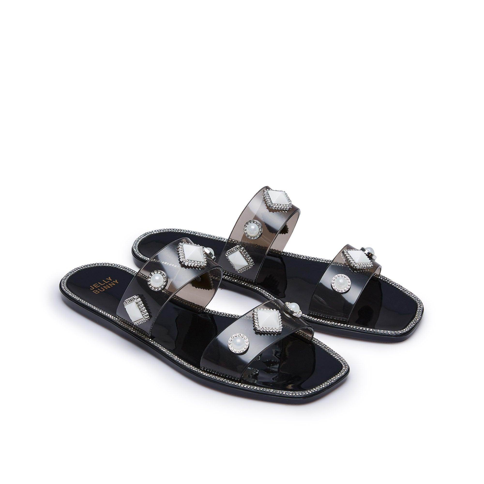 Helen Crystal Flat Sandals Black - Jelly Bunny Thailand Official Online Store