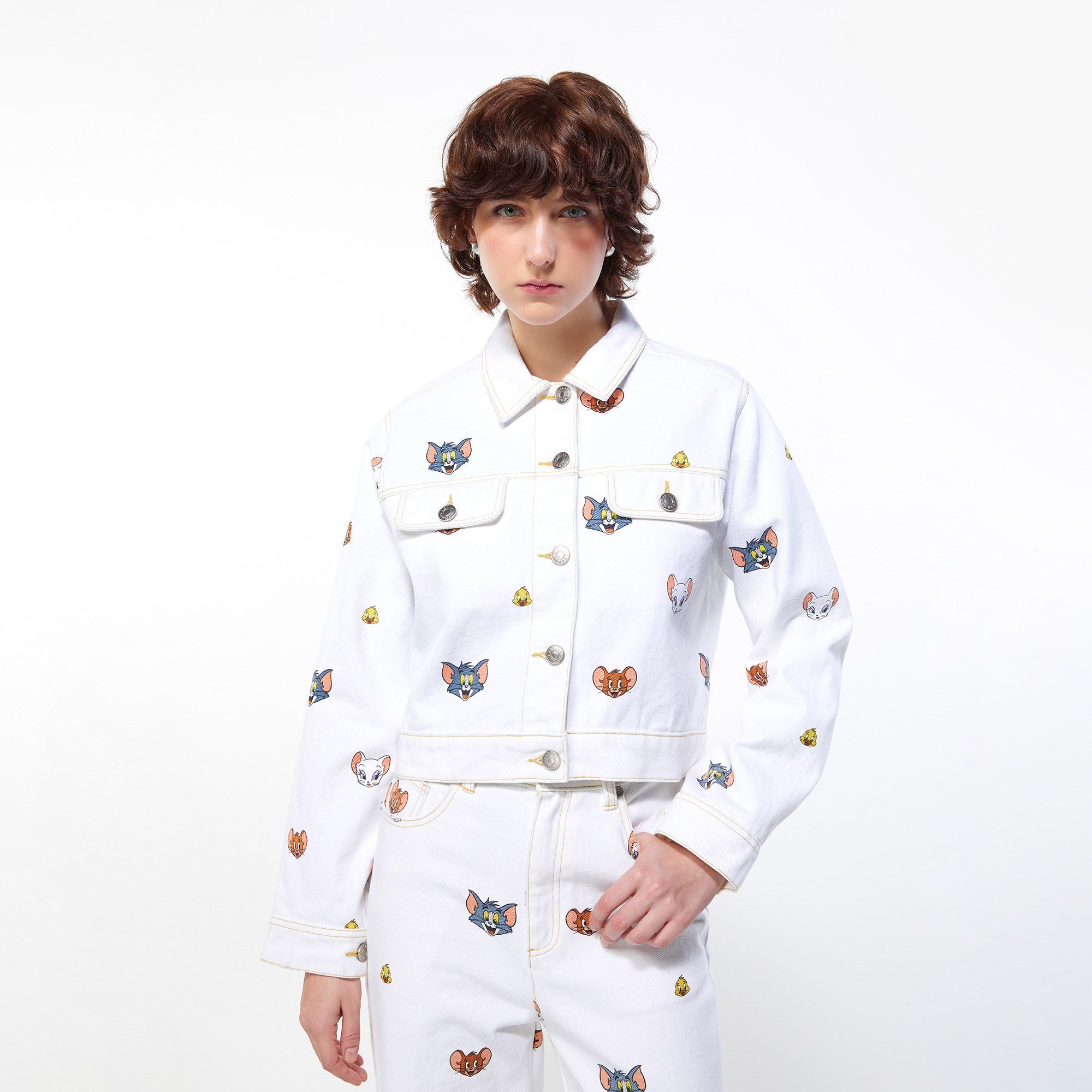 Tom and Jerry Crop Denim Jacket White - Jelly Bunny Thailand Official Online Store