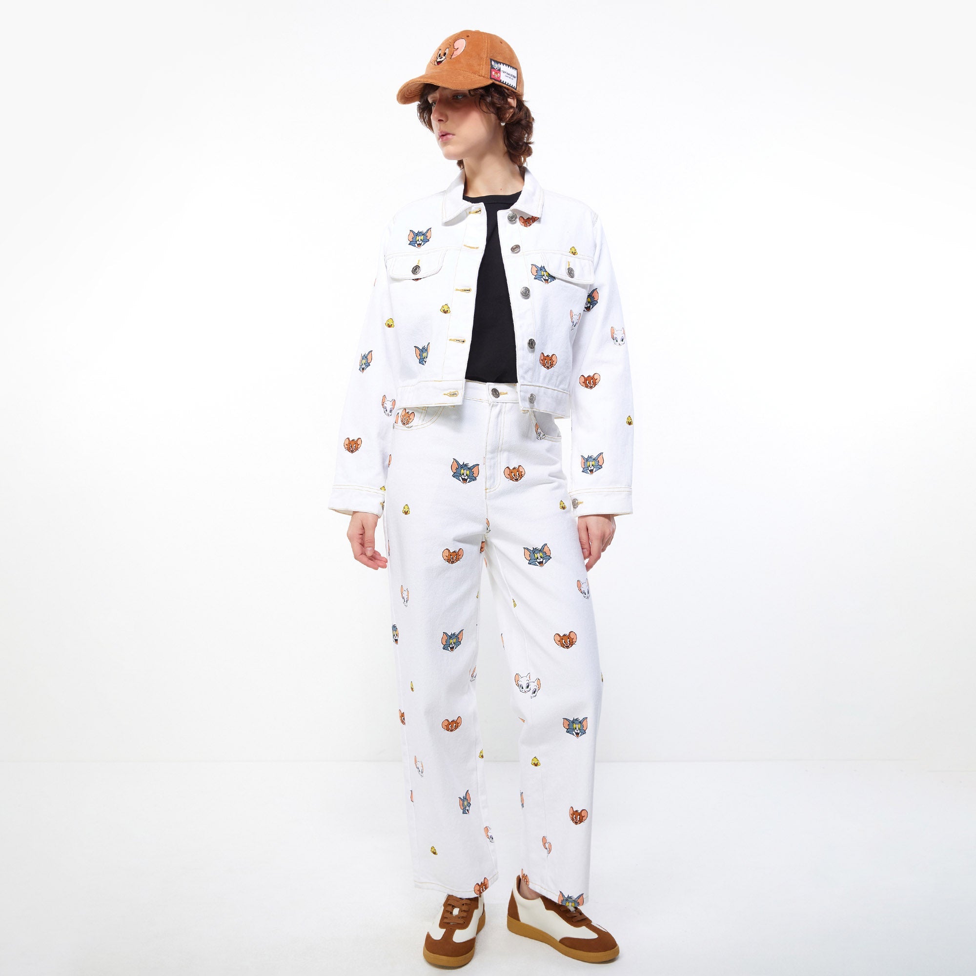 Tom and Jerry Crop Denim Jacket White - Jelly Bunny Thailand Official Online Store