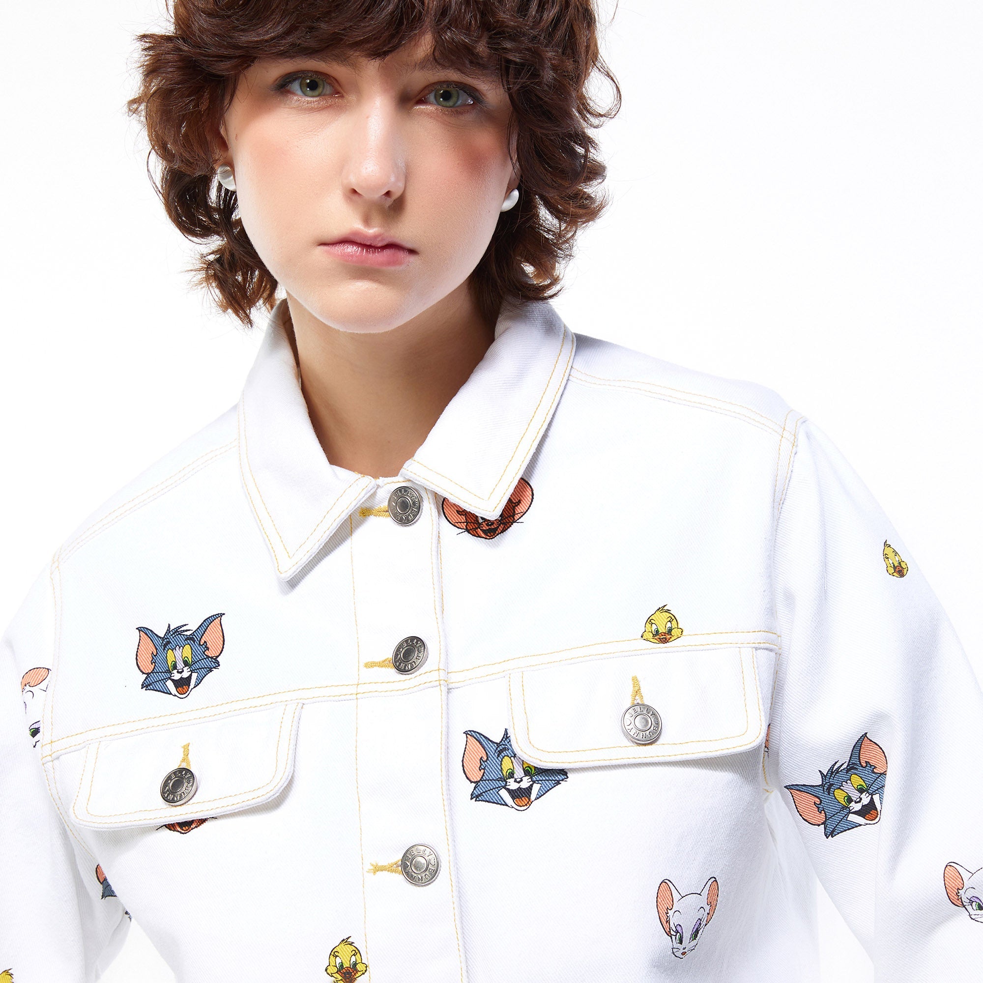 Tom and Jerry Crop Denim Jacket White - Jelly Bunny Thailand Official Online Store