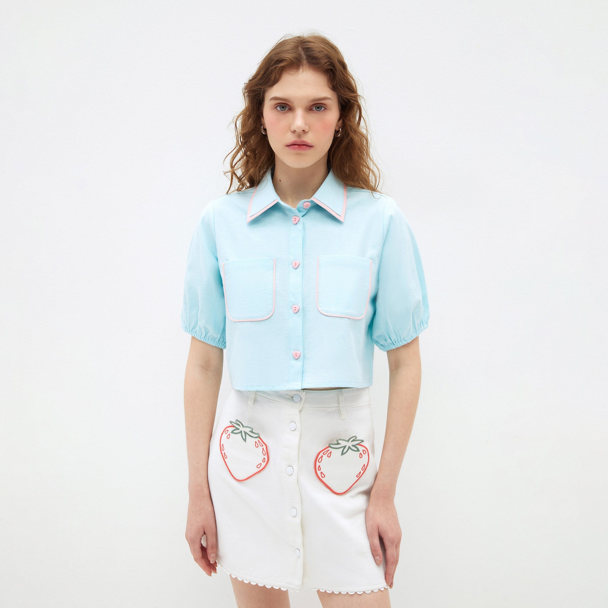 Pastel Piping Crop Shirt Blue - Jelly Bunny Thailand Official Online Store