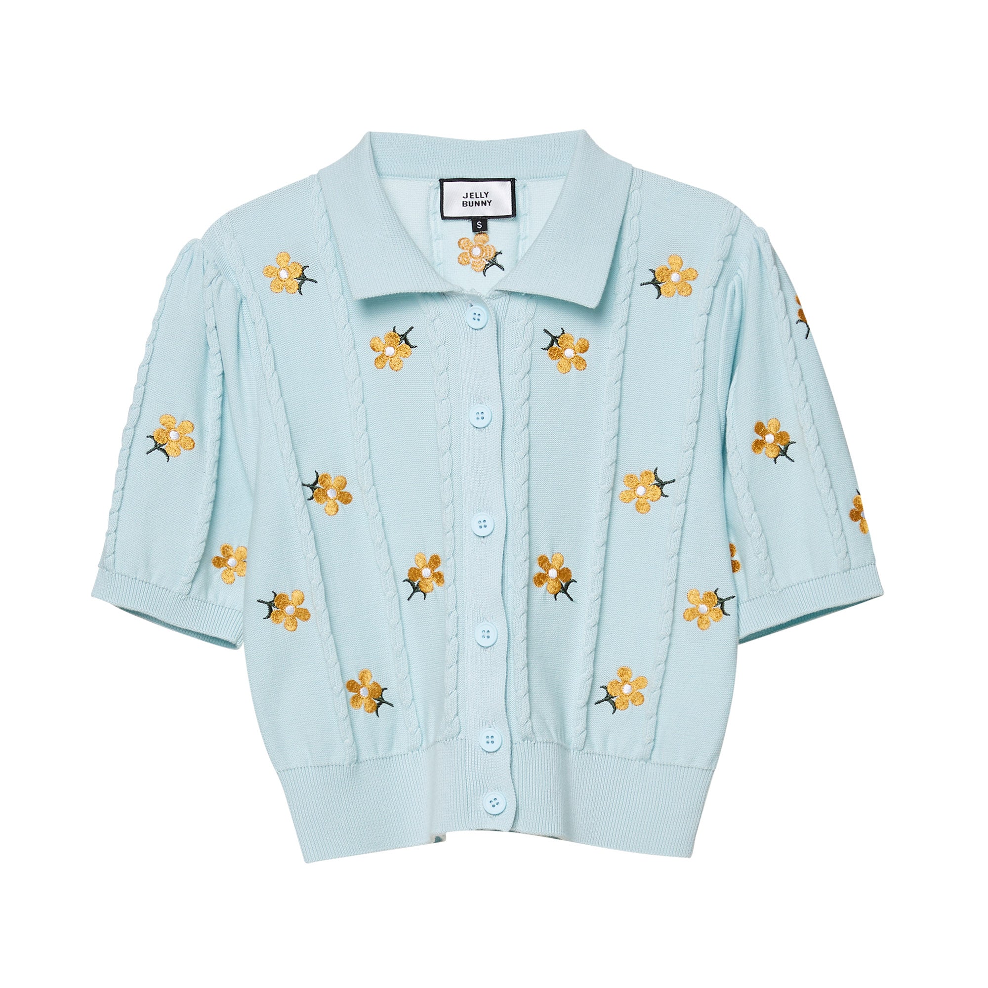 Daisy Cable Knit Short Sleeve Cardigan Blue