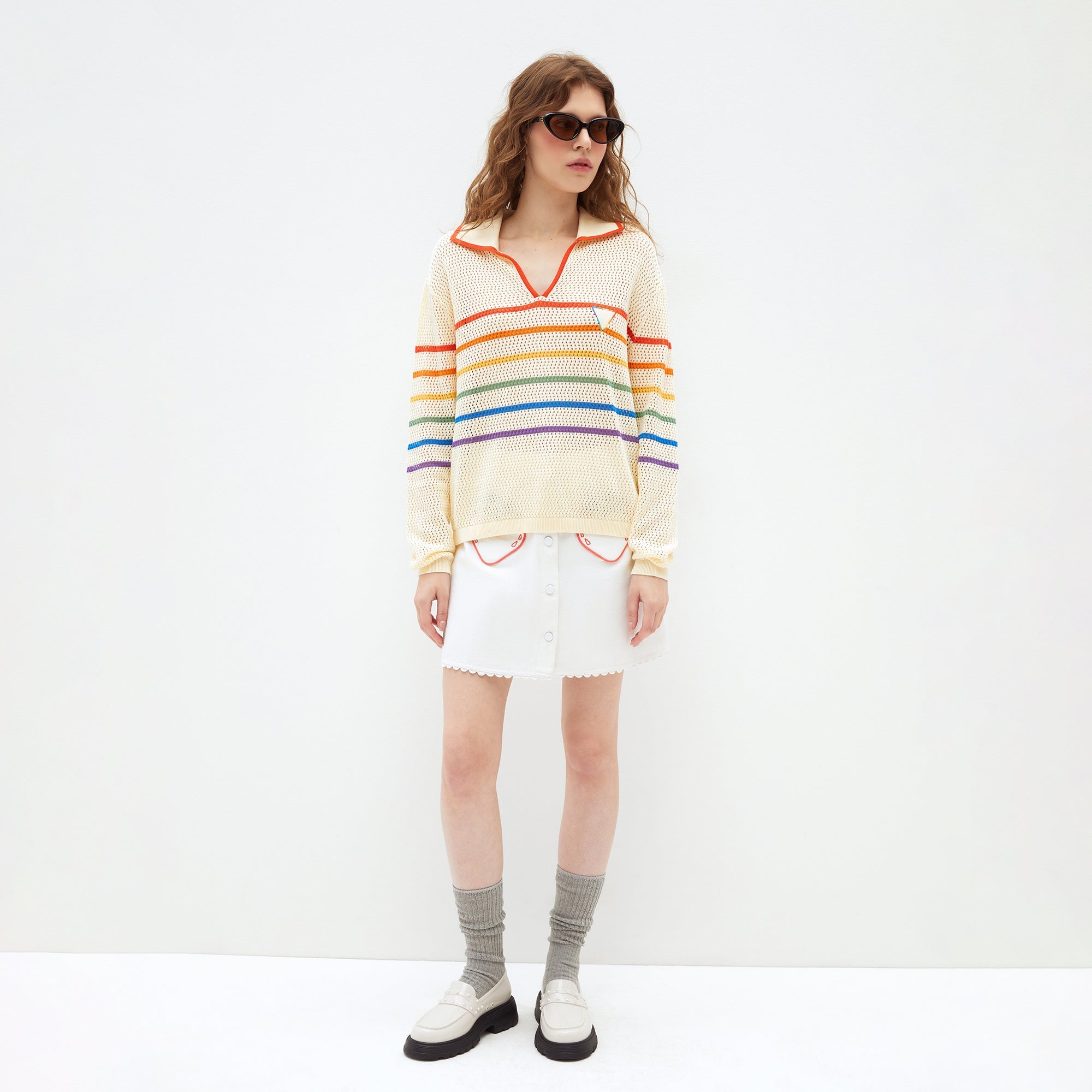 Retro Rainbow Knit Collar Pullover Multi Color - Jelly Bunny Thailand Official Online Store