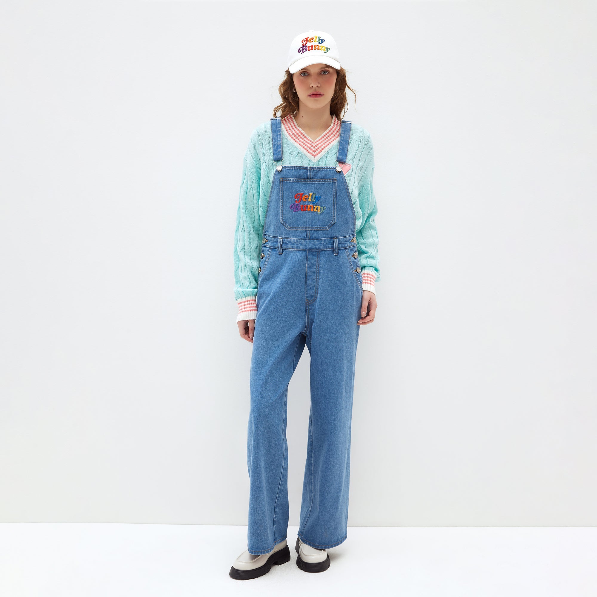Rainbow Logo Wide-Leg Denim Overalls Blue - Jelly Bunny Thailand Official Online Store