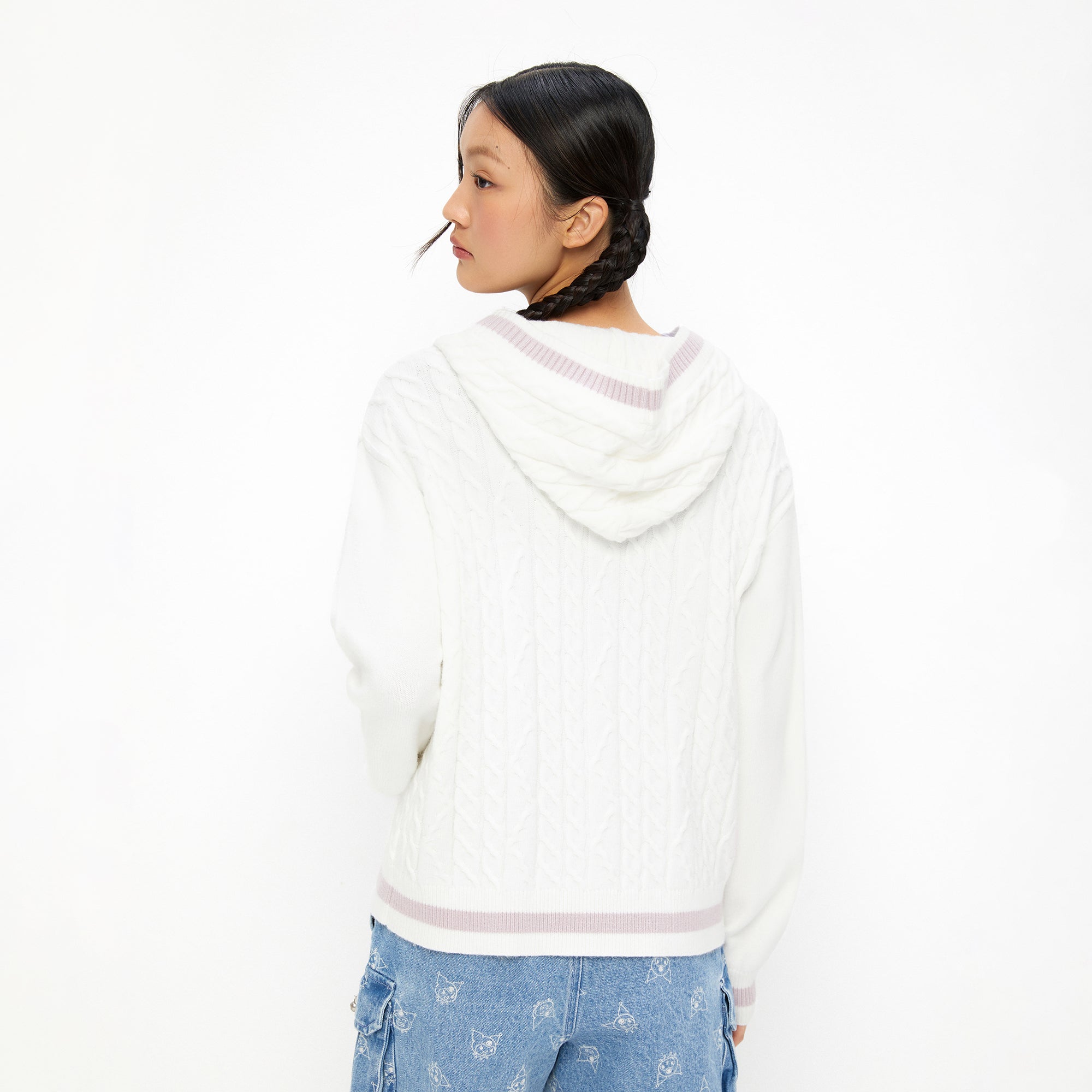 Kuromi Cable Knitted Long Sleeve Cardigan White