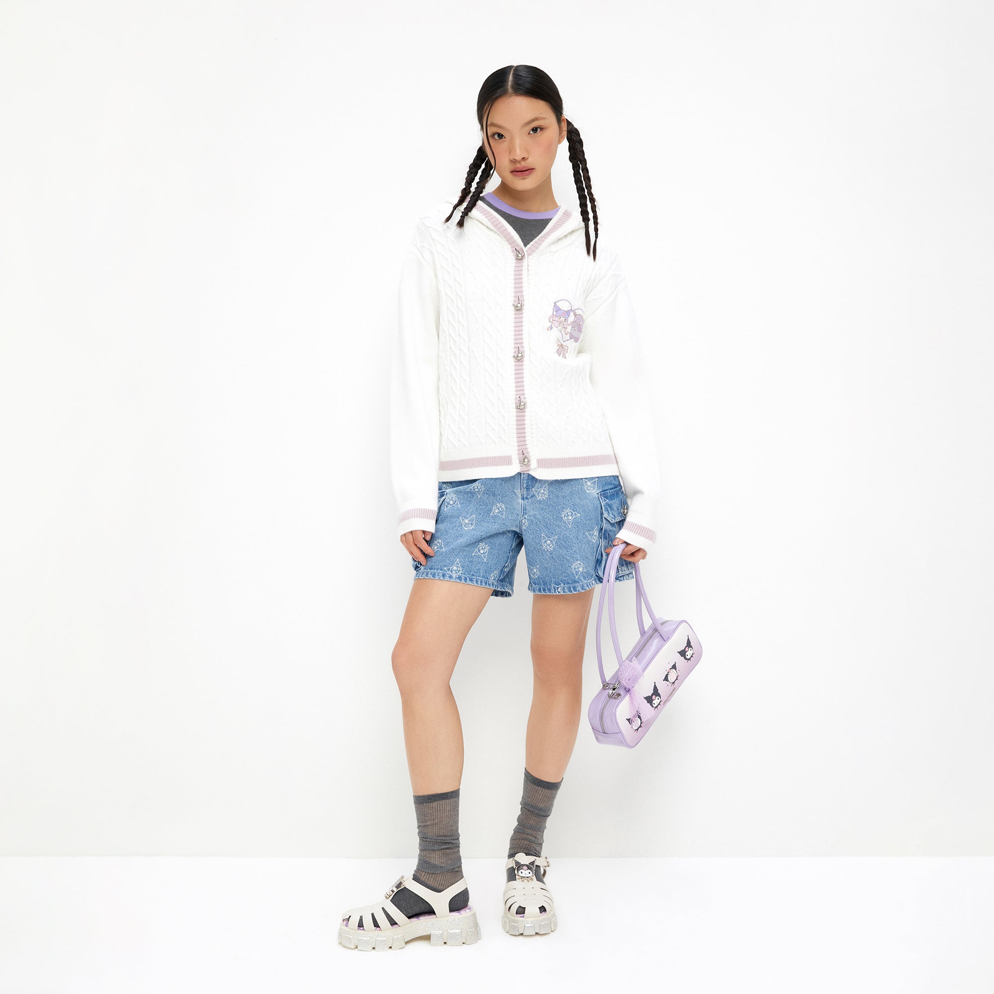 Kuromi Cable Knitted Long Sleeve Cardigan White