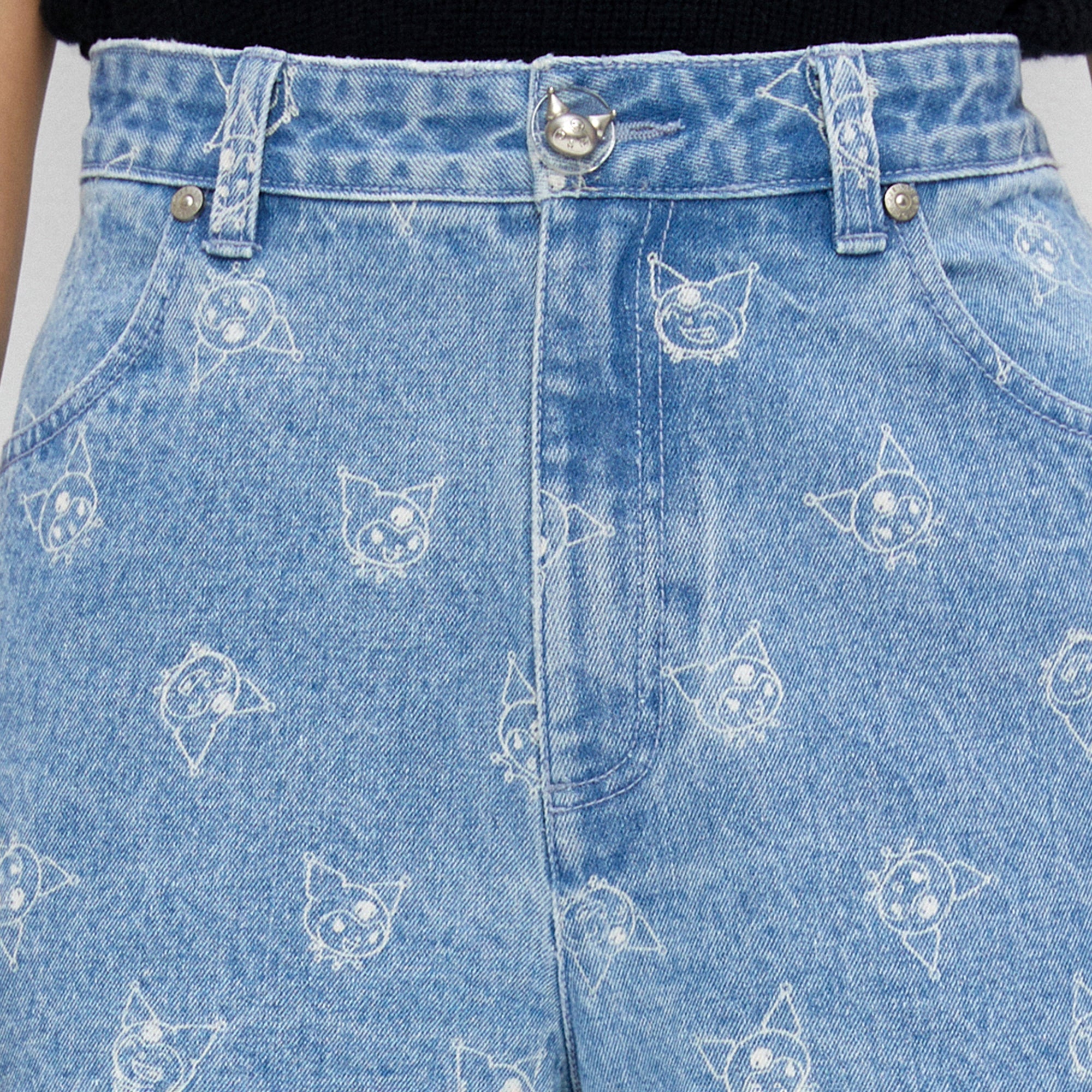 กางเกงเดนิมขายาวปักลายการ์ตูน Kuromi Blue