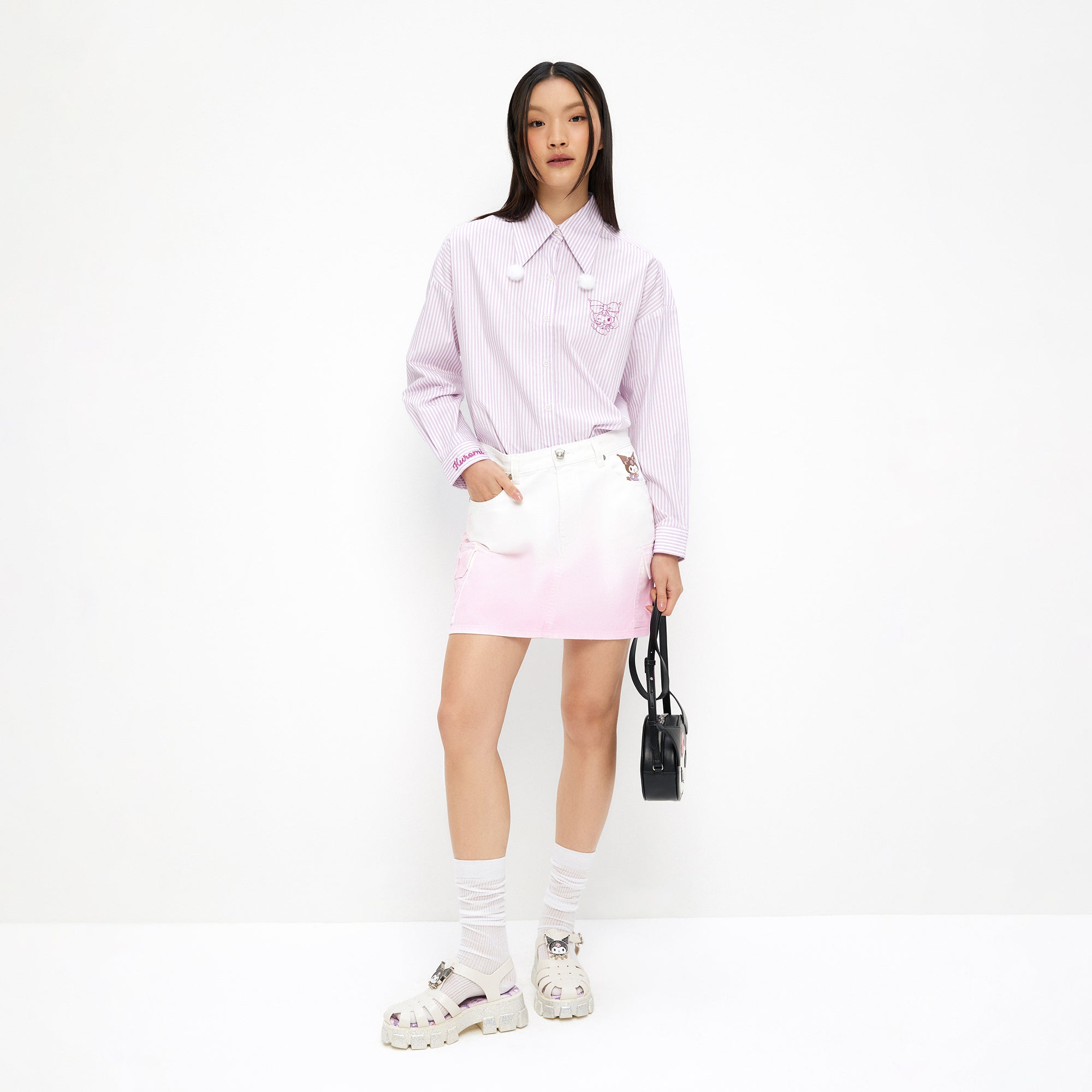 เสื้อเชิ้ตแขนยาวลายทางปักลายการ์ตูน Kuromi Purple