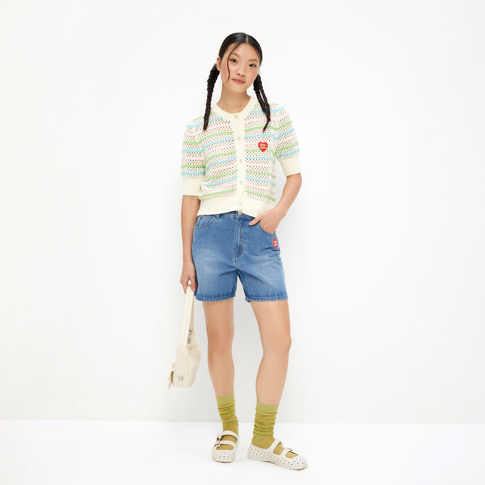 Crochet Heart Embroidery Short Sleeve Top Multi Color