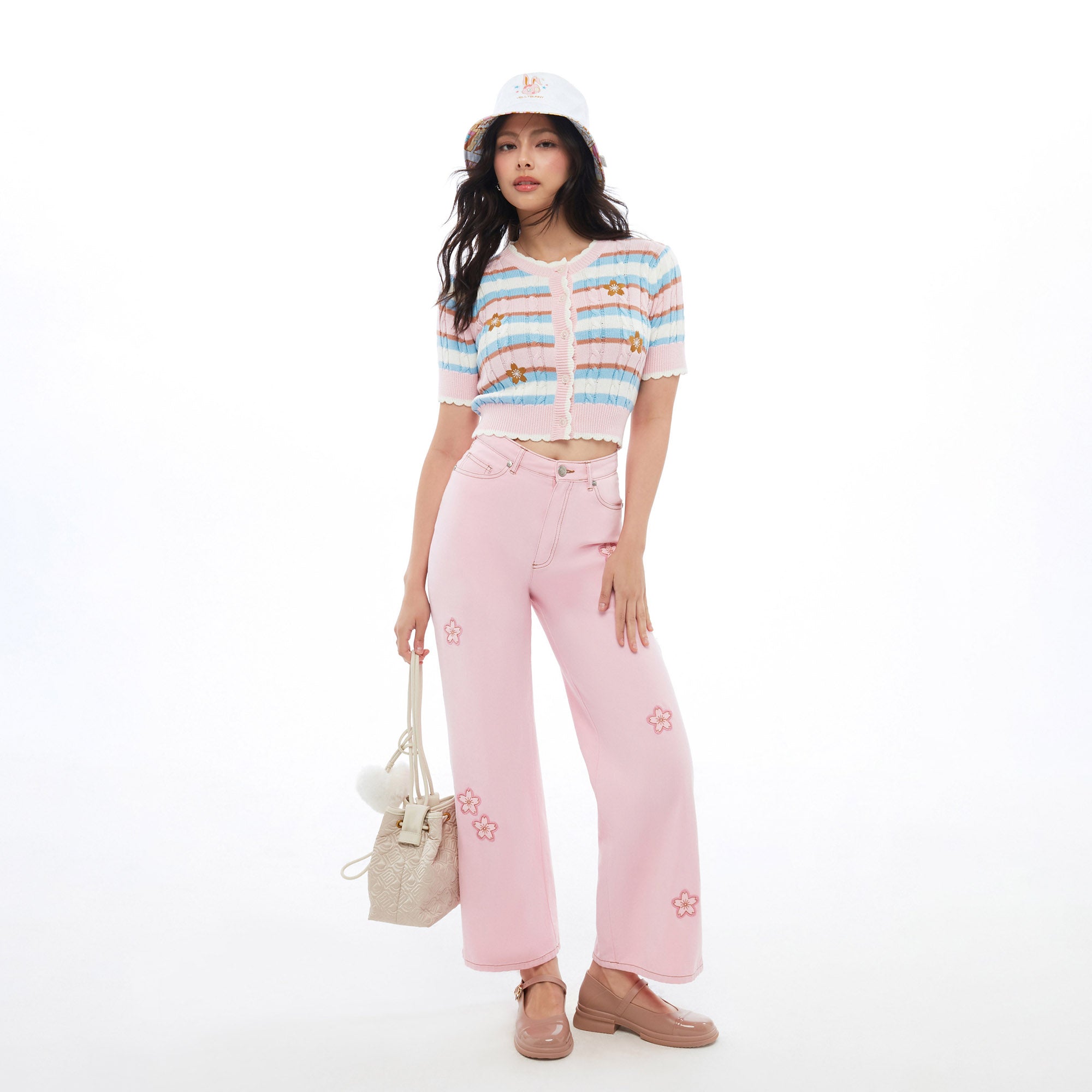 Stripe Sakura Cable Knitted Top Multi Color