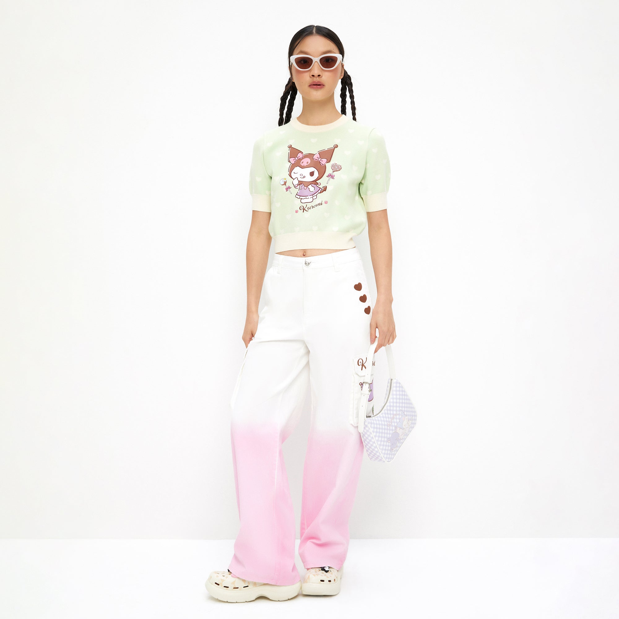 เสื้อถักแขนสั้นปักลายการ์ตูน Kuromi Green