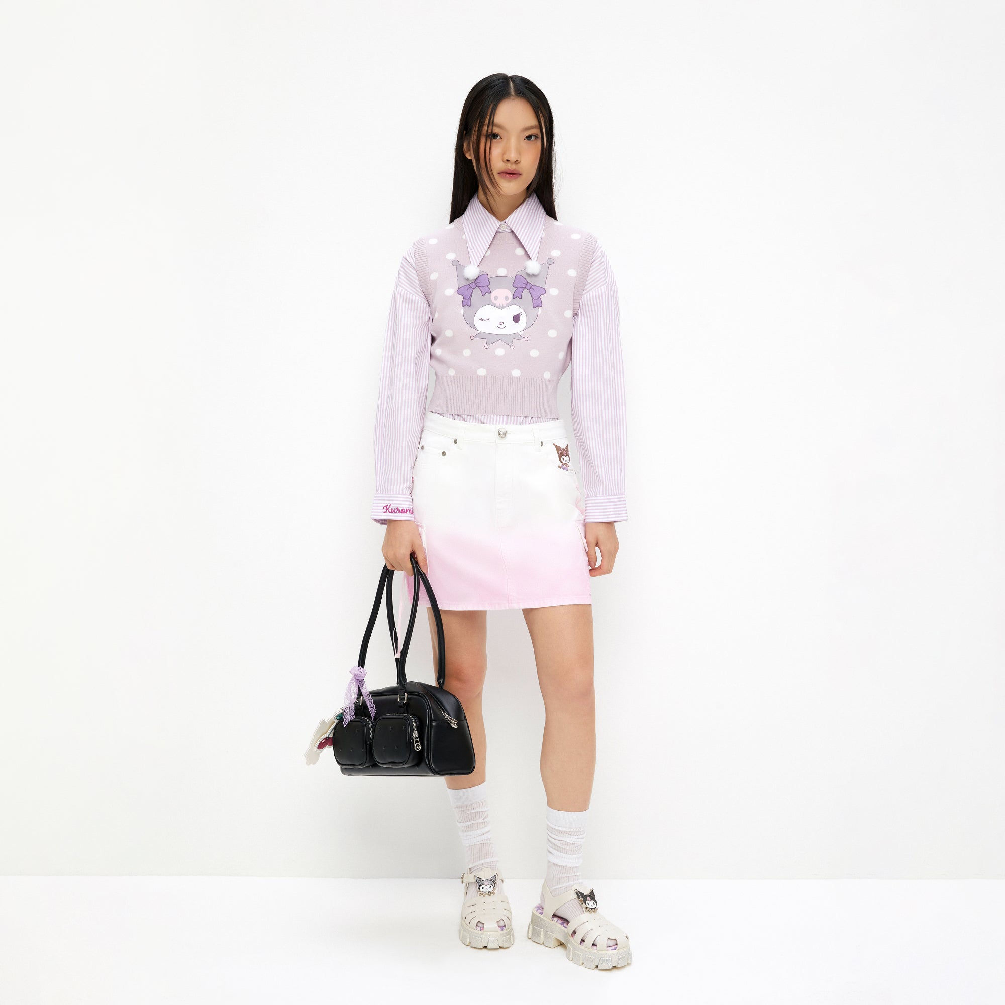 เสื้อครอปผ้านิตปักลายการ์ตูน Kuromi Purple