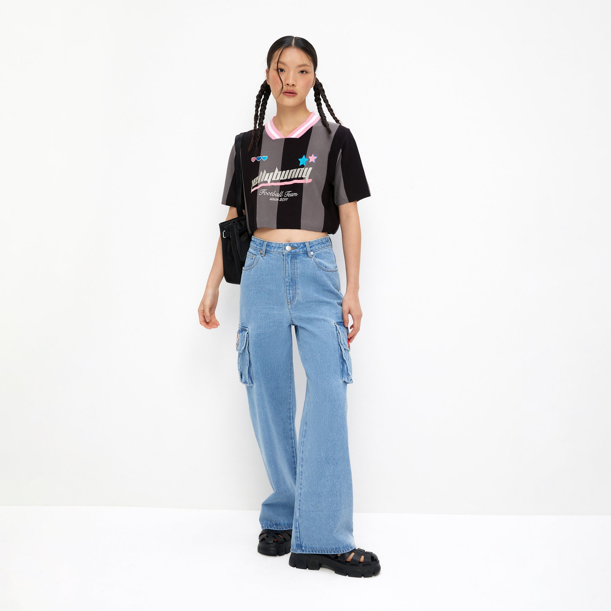 เสื้อครอปแขนสั้นลายทาง Multi Color