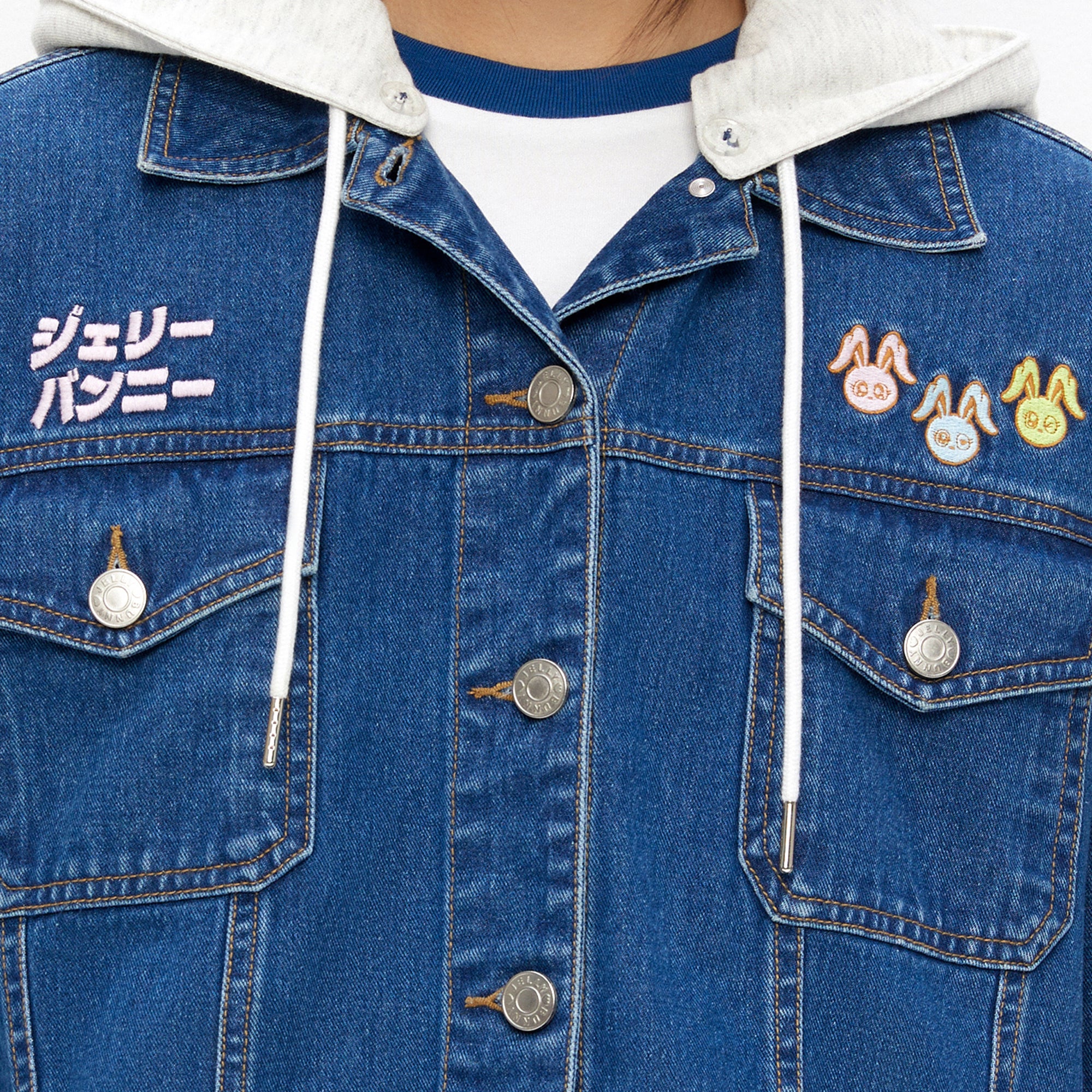เสื้อแจ็คเก็ตเดนิมคอเสื้อฮู้ด Blue