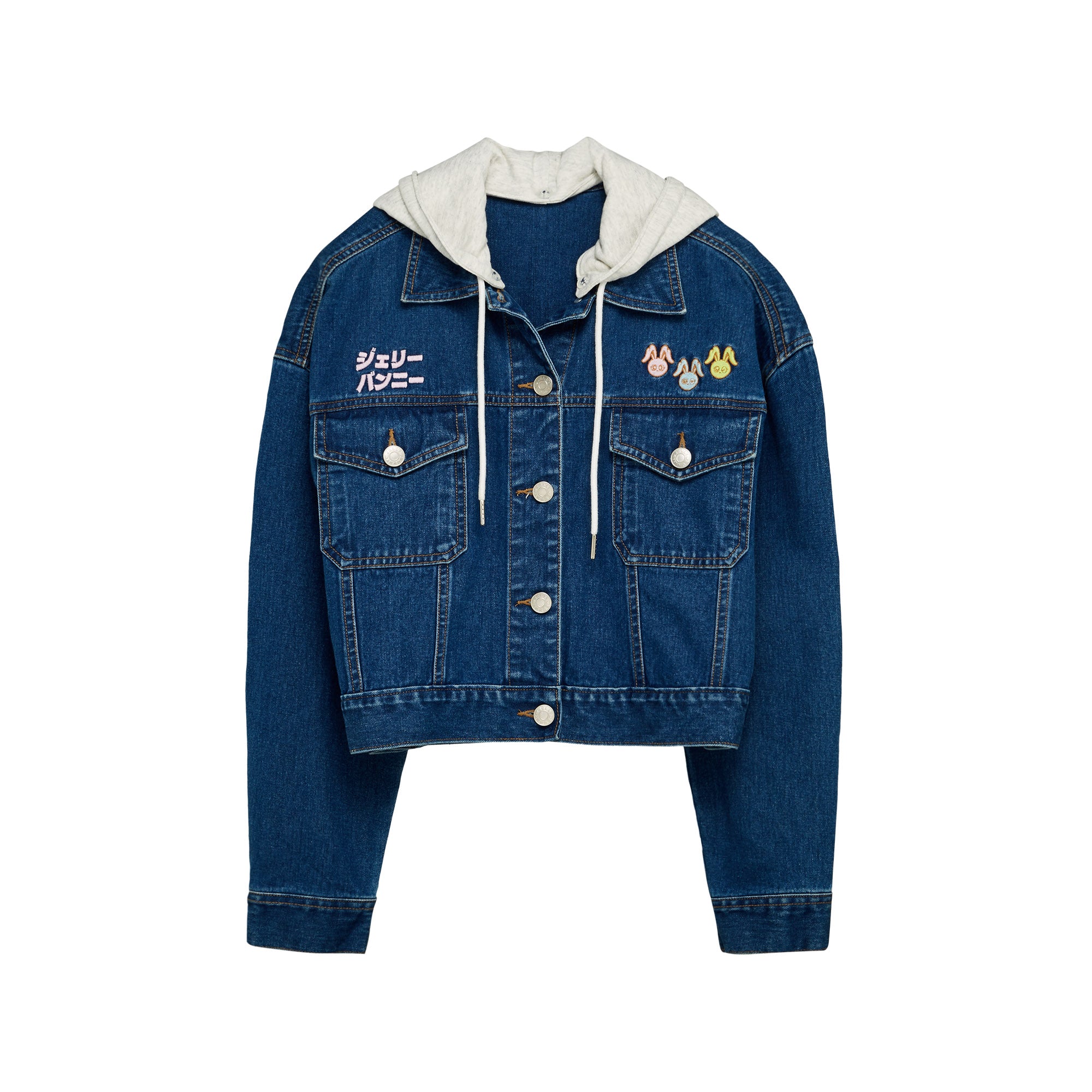 เสื้อแจ็คเก็ตเดนิมคอเสื้อฮู้ด Blue