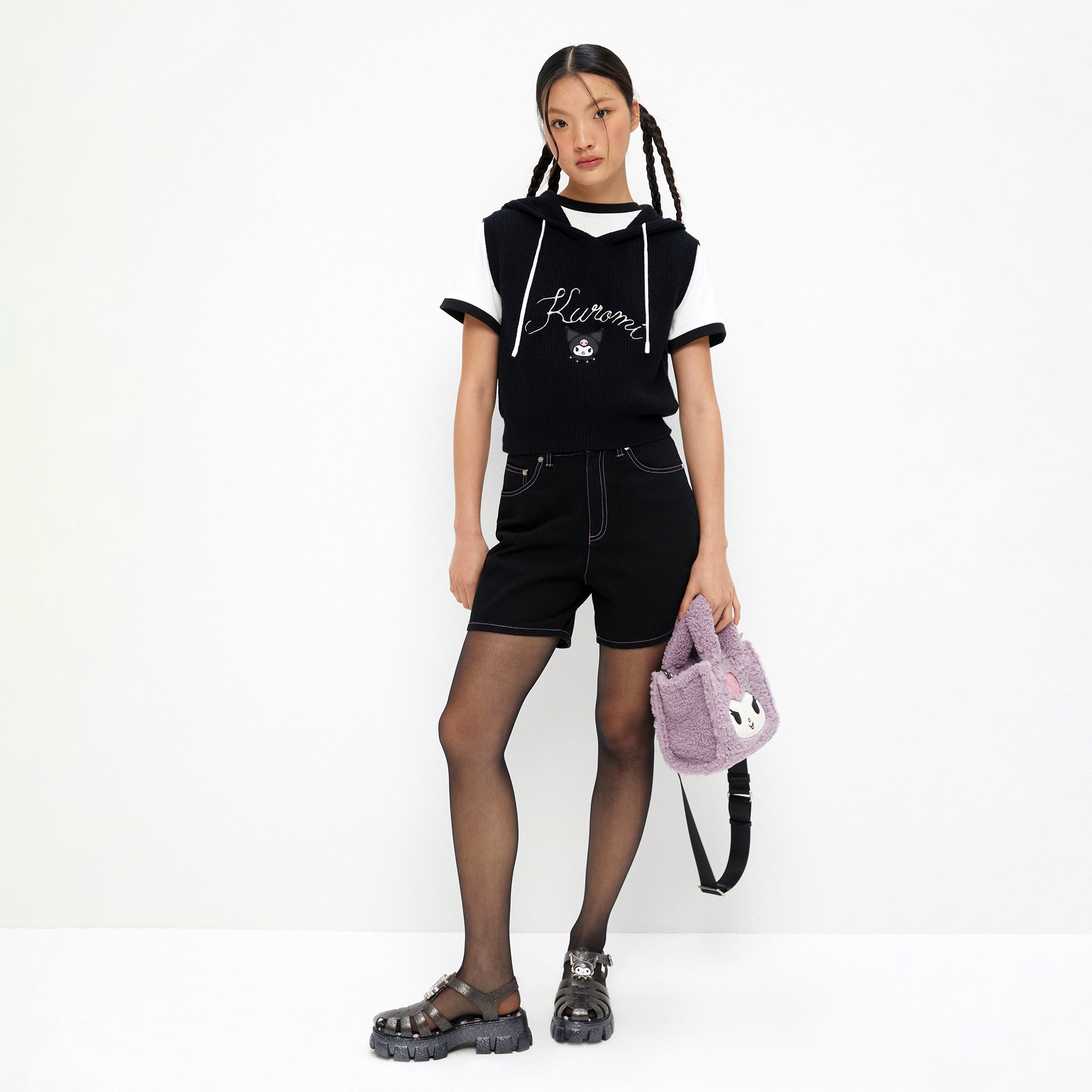 Kuromi Contrast Stitch Shorts Black