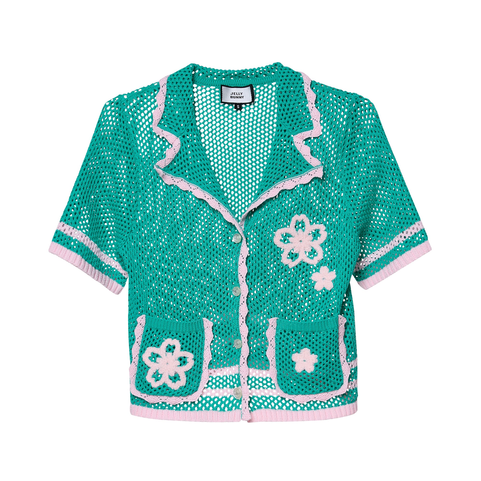 เสื้อถักแขนสั้นปักลายดอกซากุระ Green