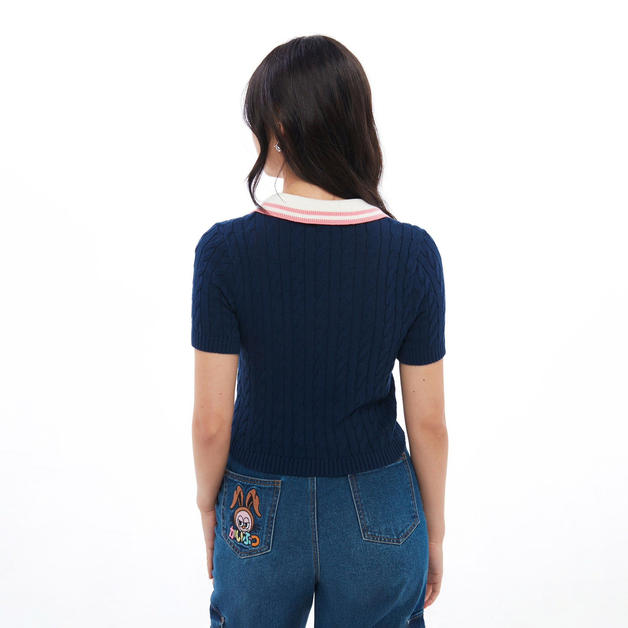 เสื้อถักเคเบิ้ลแขนสั้นปักลายกวาง Navy