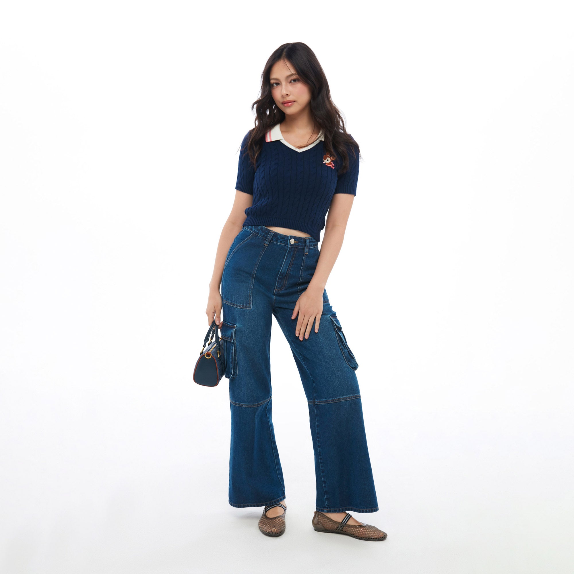 เสื้อถักเคเบิ้ลแขนสั้นปักลายกวาง Navy