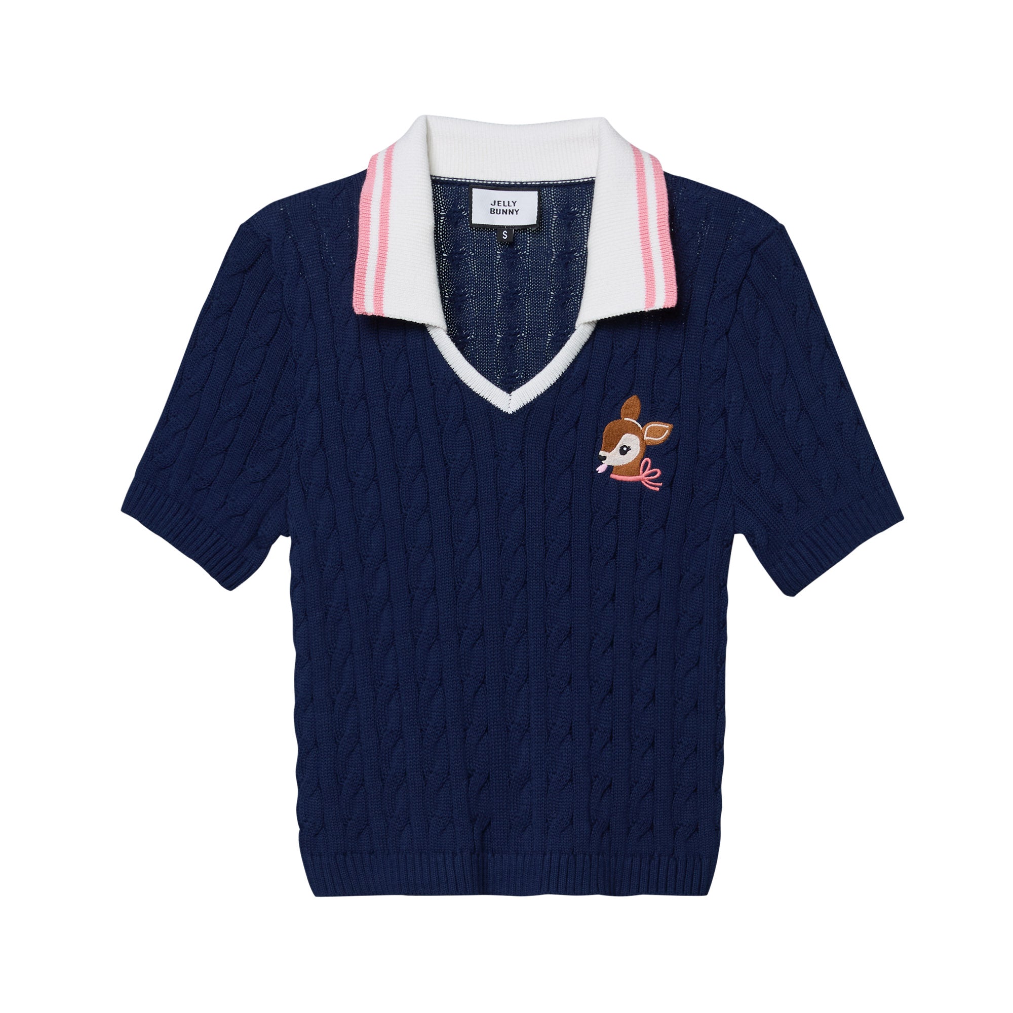 เสื้อถักเคเบิ้ลแขนสั้นปักลายกวาง Navy
