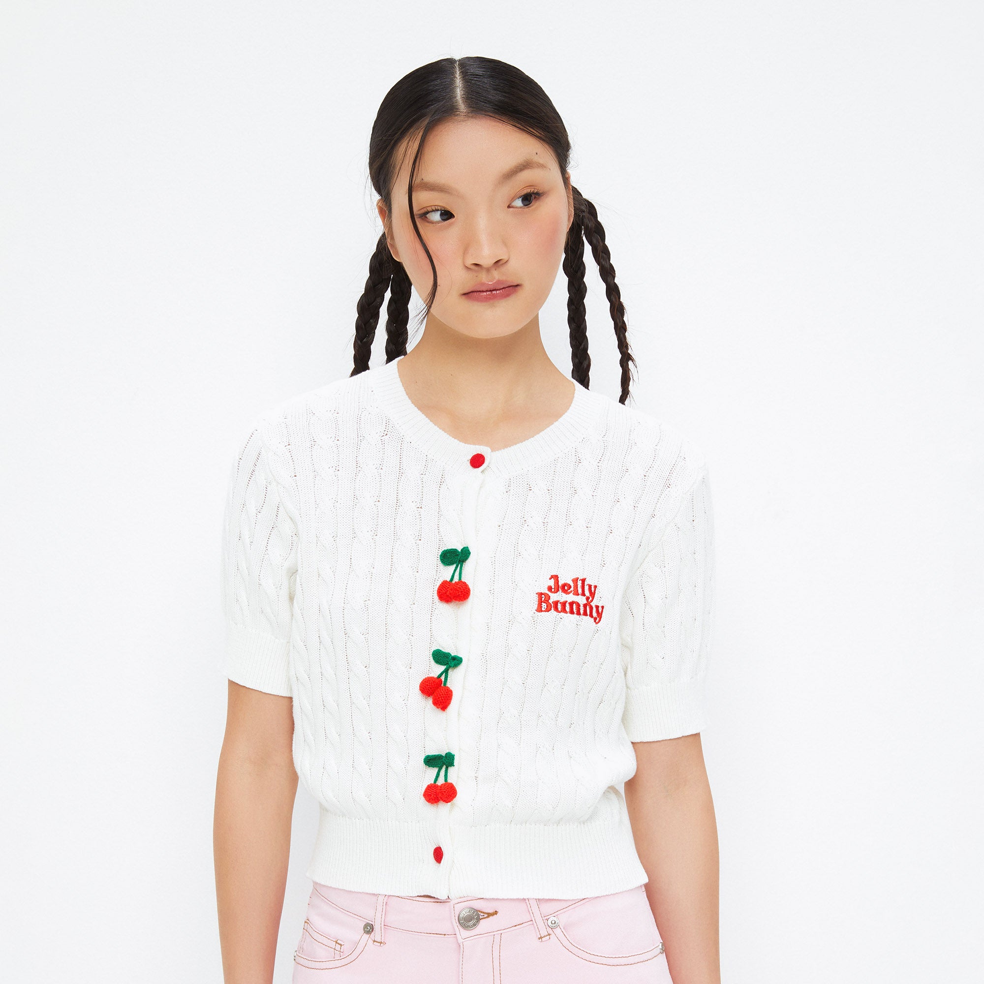 Short Sleeve Knit Top With Knit Cherry Charms White