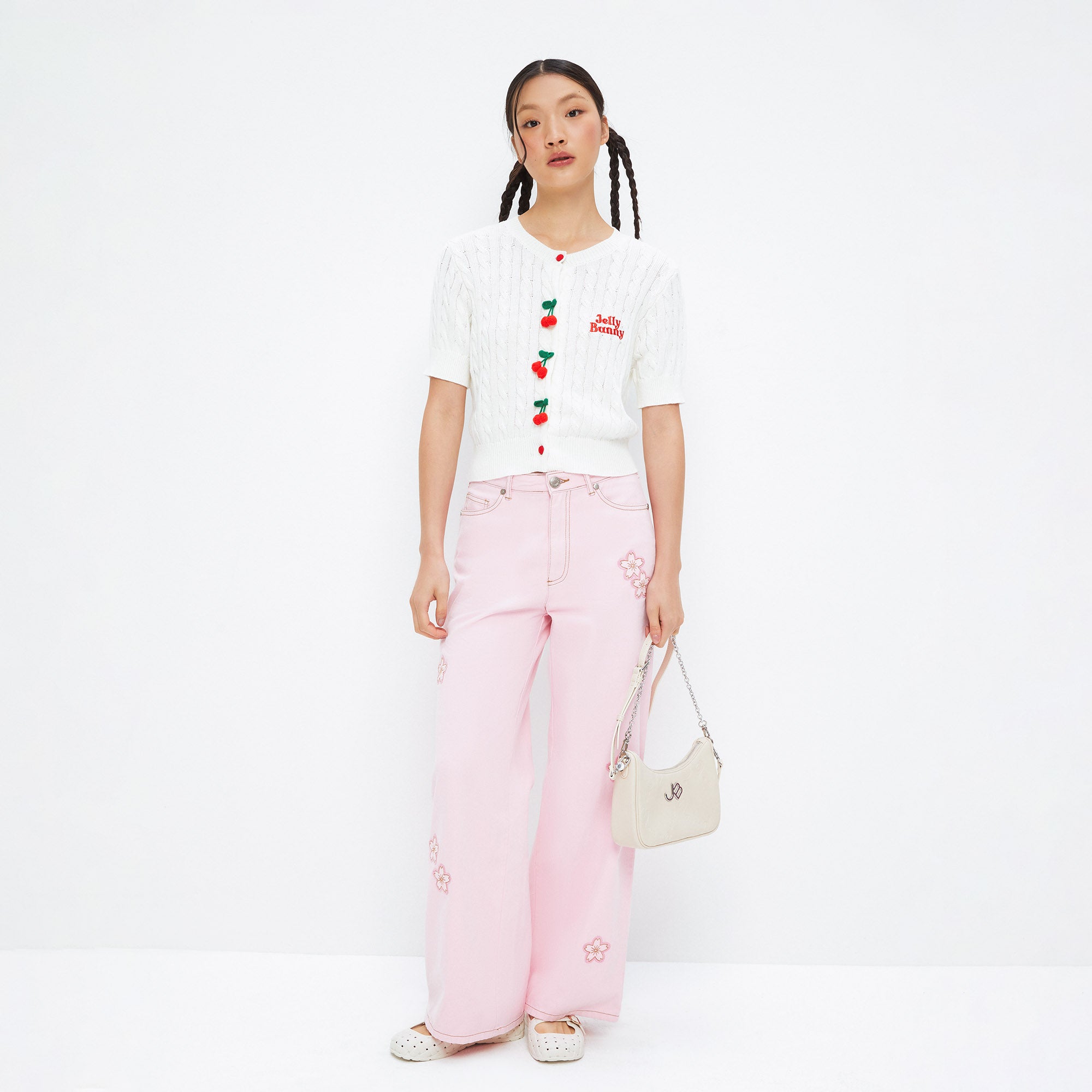 Short Sleeve Knit Top With Knit Cherry Charms White