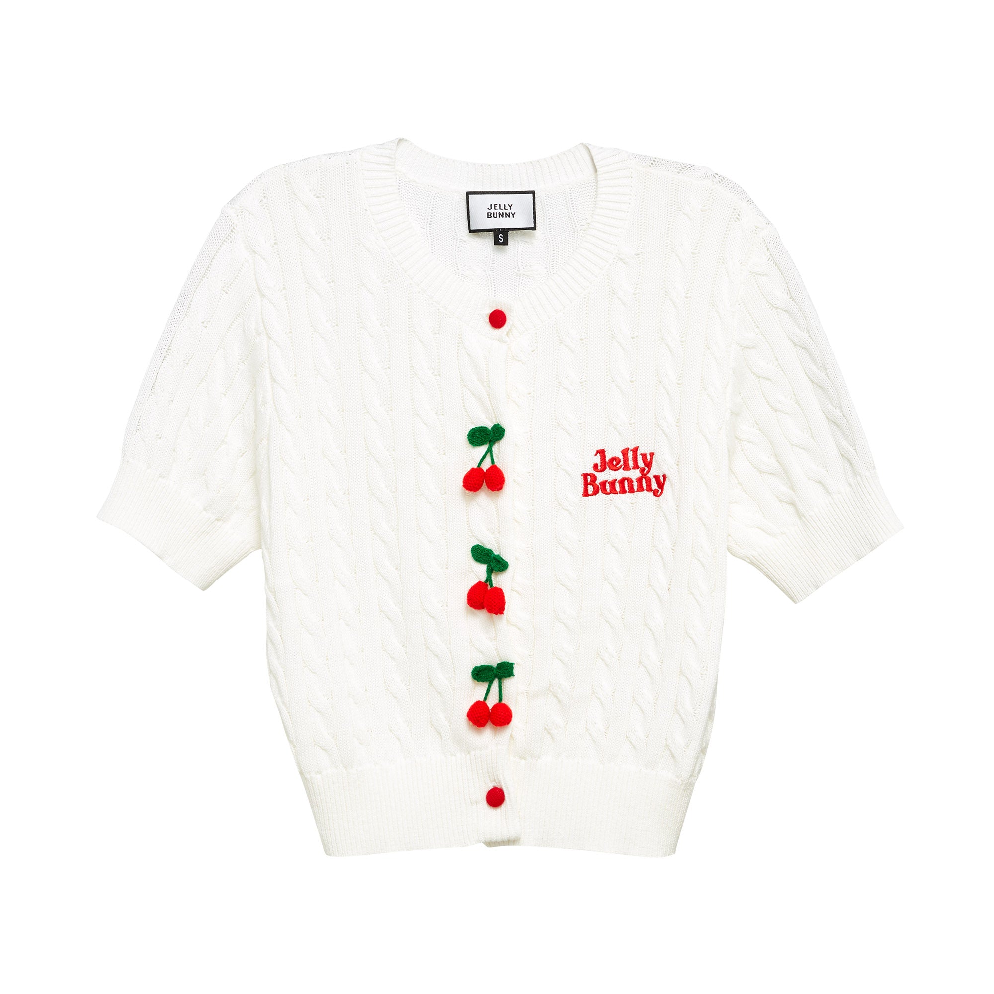 Short Sleeve Knit Top With Knit Cherry Charms White