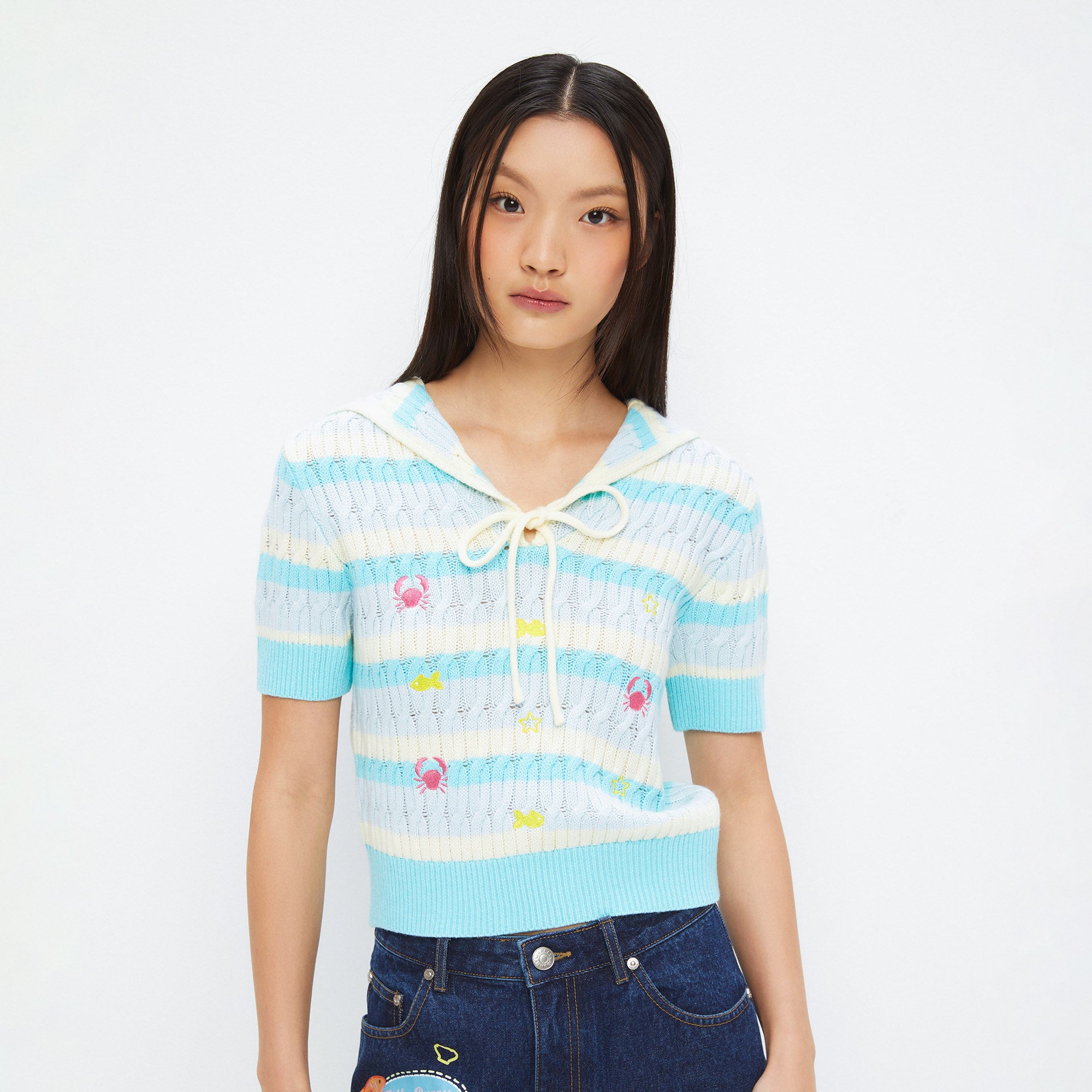 Knitted Embroidery Sailor Collar Top Multi Color