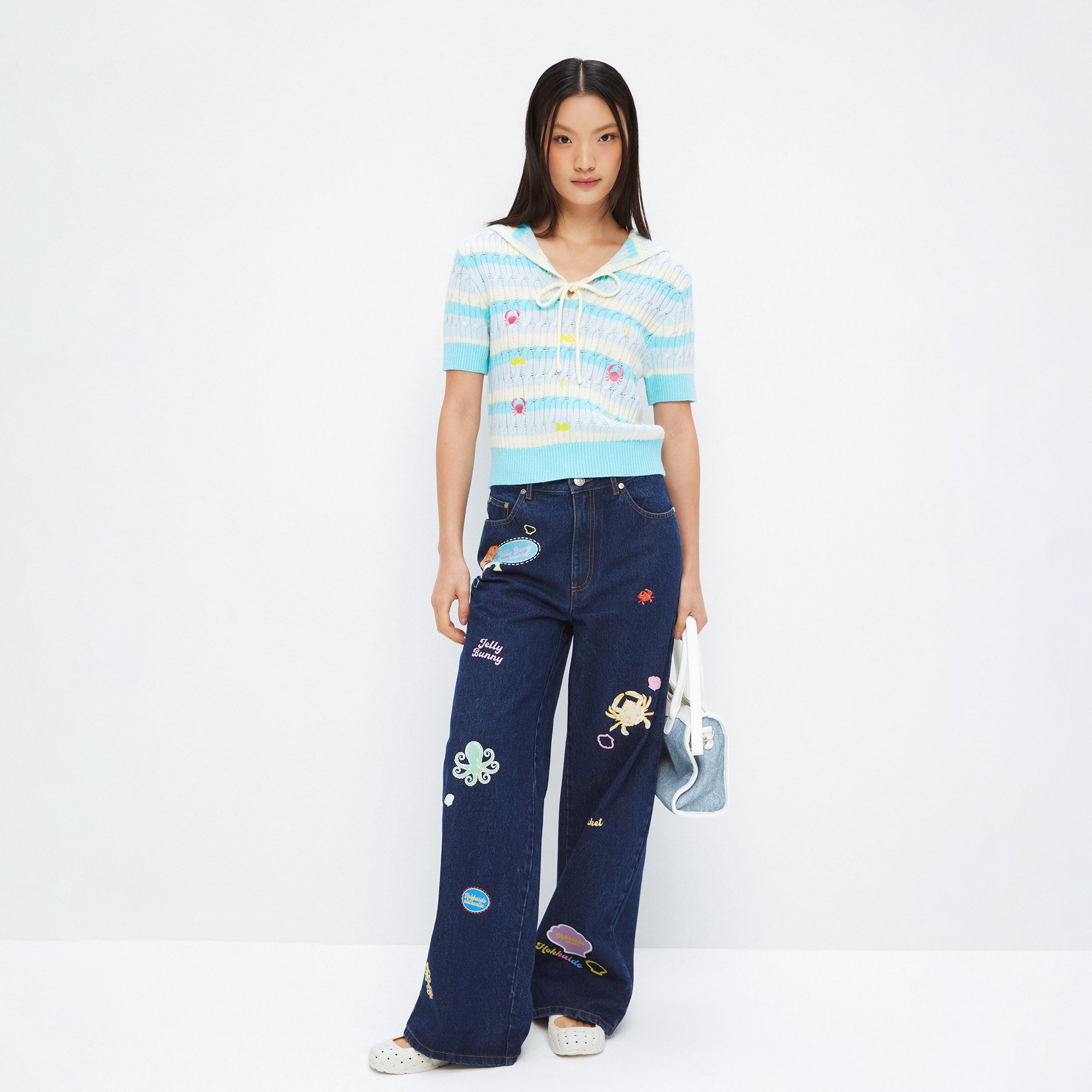 Knitted Embroidery Sailor Collar Top Multi Color