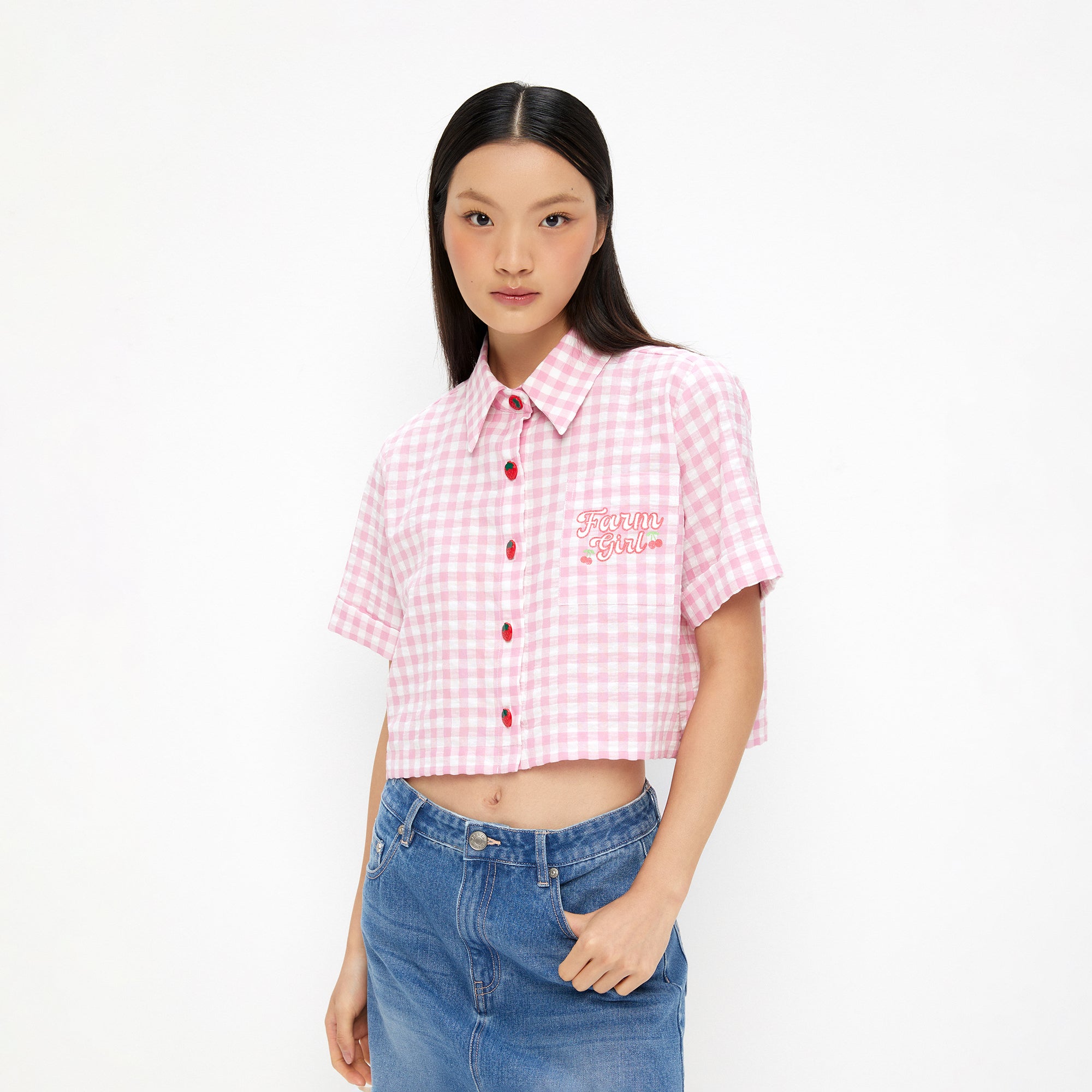 Crop Checkered Short Sleeve Shirt Pink