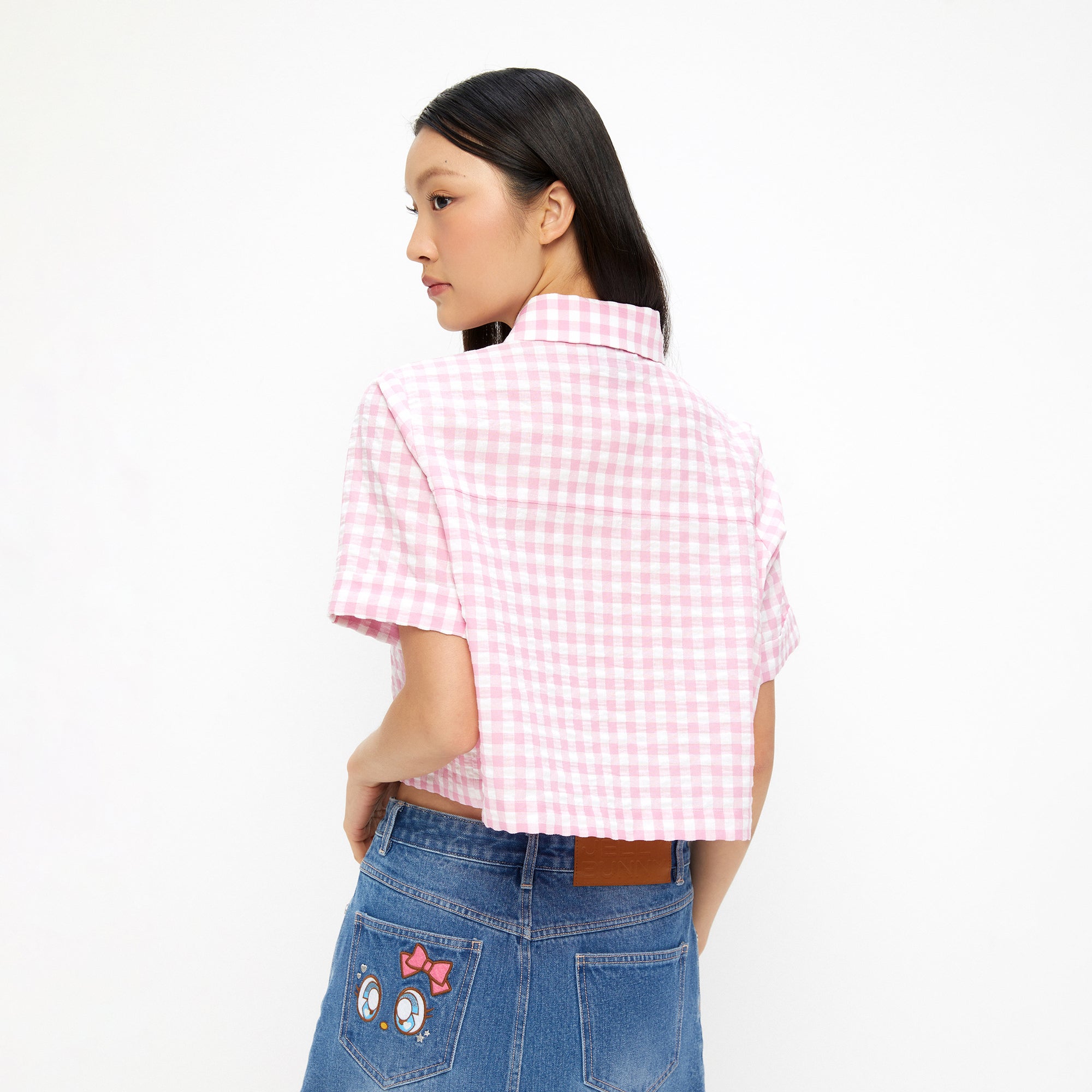 Crop Checkered Short Sleeve Shirt Pink