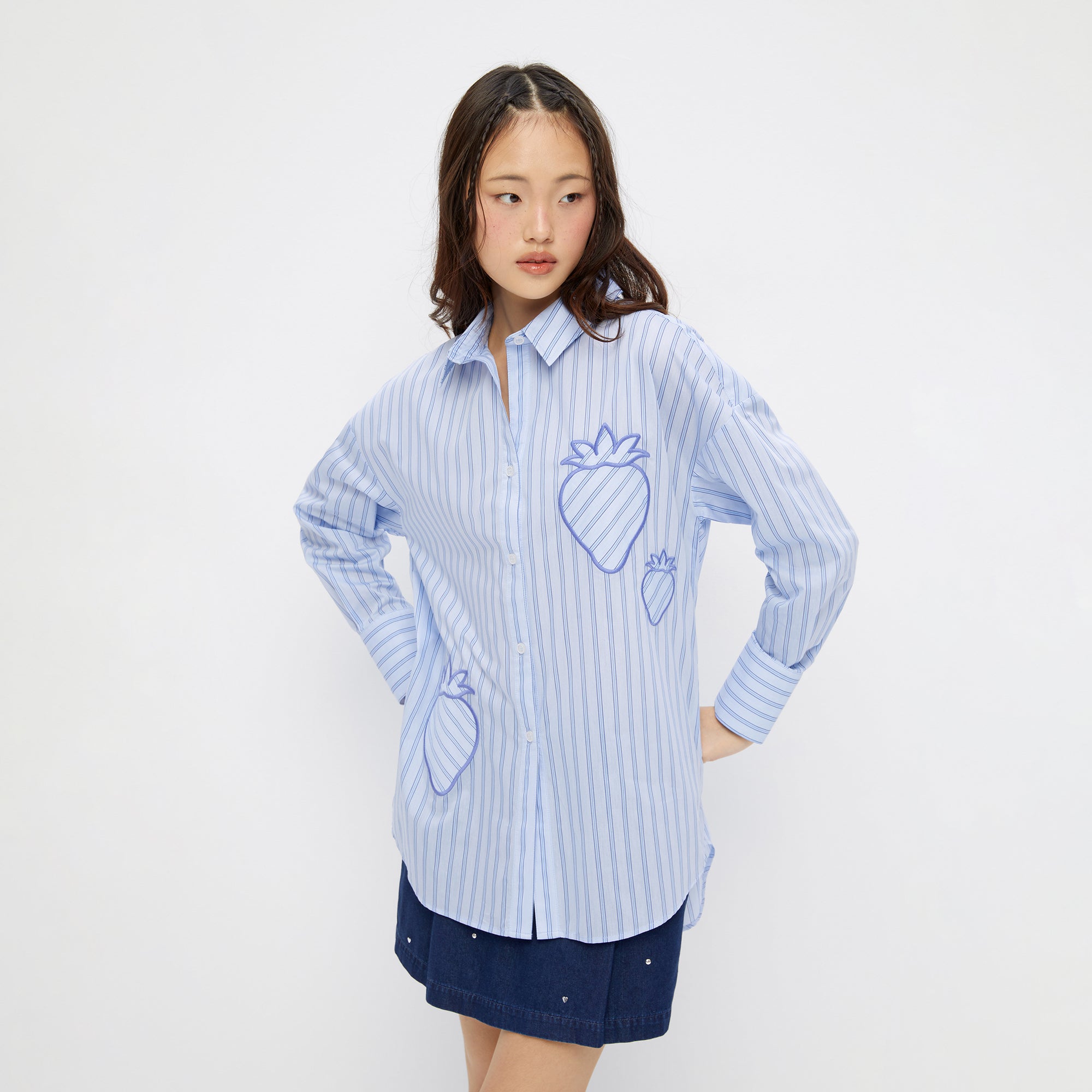 Stripe Long Sleeve Shirt With Strawberry Embroidery Blue
