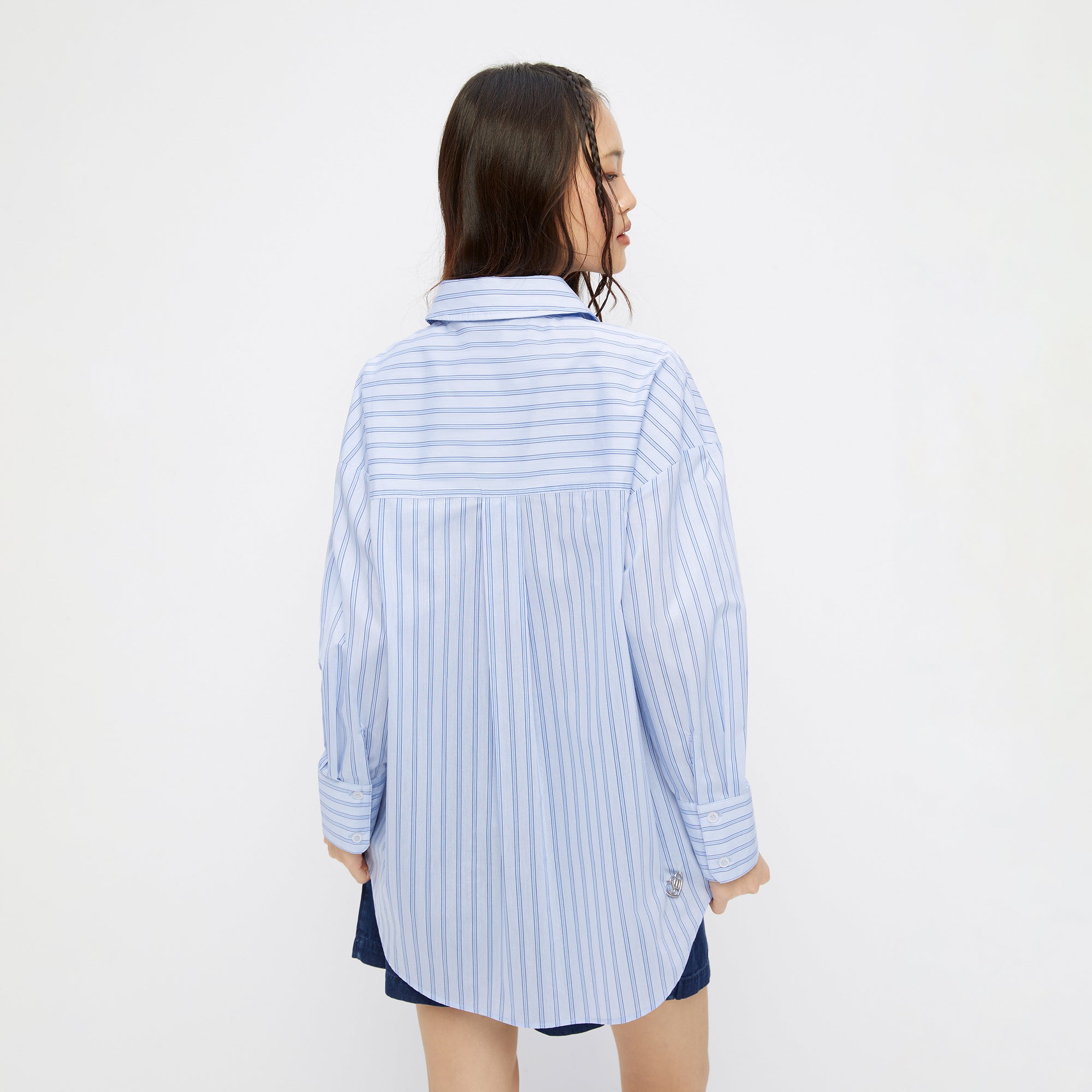 Stripe Long Sleeve Shirt With Strawberry Embroidery Blue