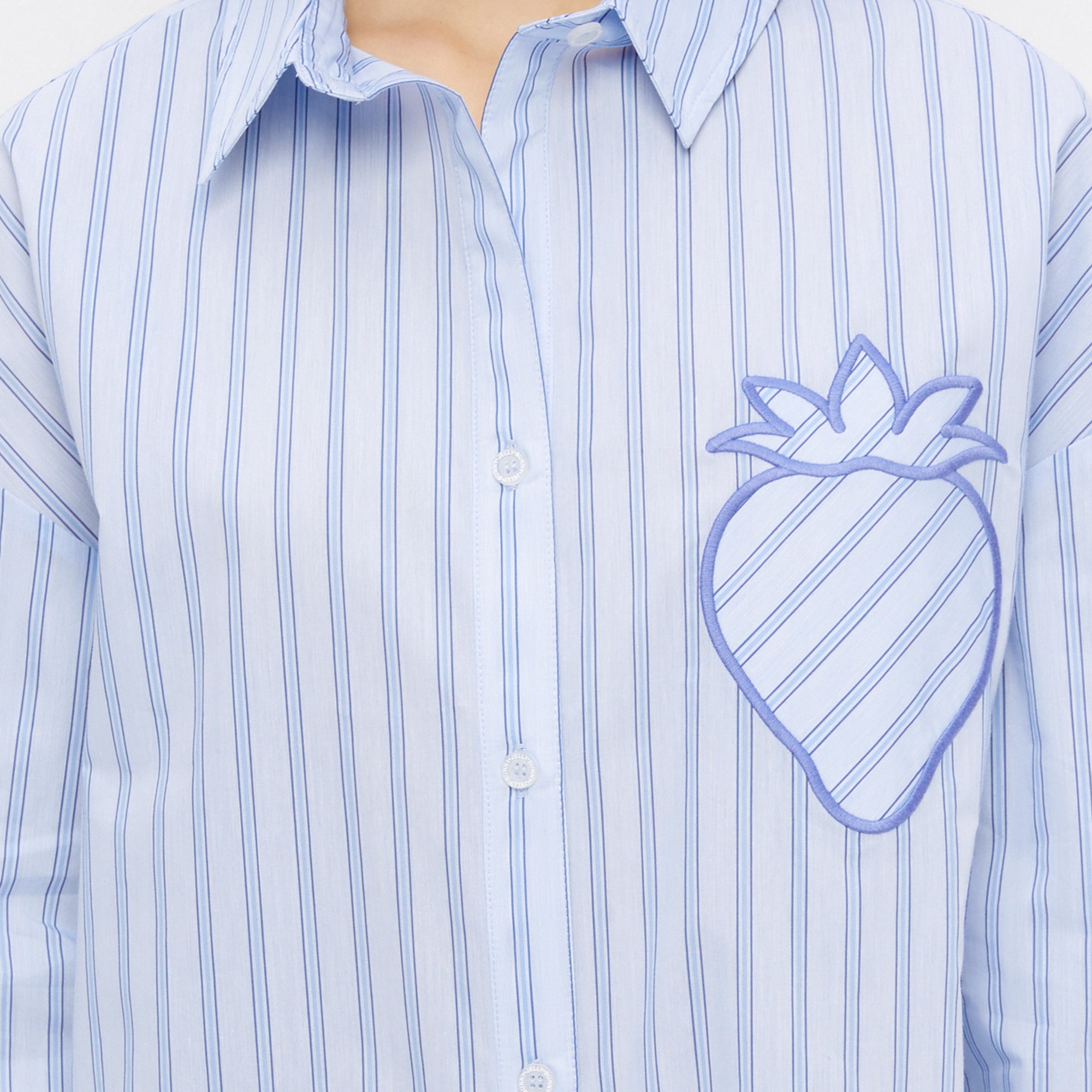 Stripe Long Sleeve Shirt With Strawberry Embroidery Blue