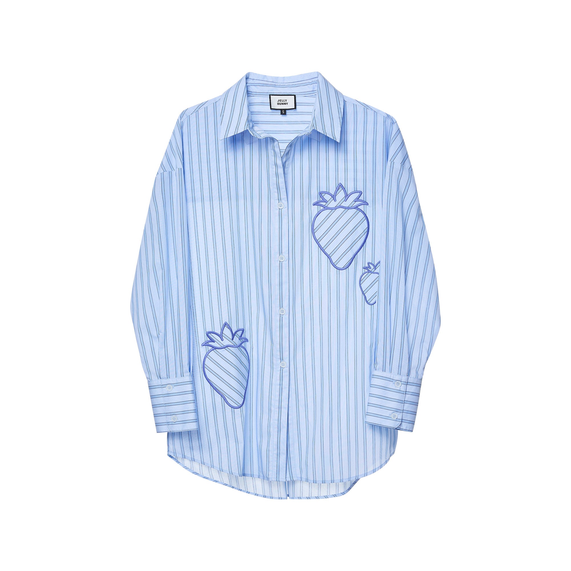 Stripe Long Sleeve Shirt With Strawberry Embroidery Blue