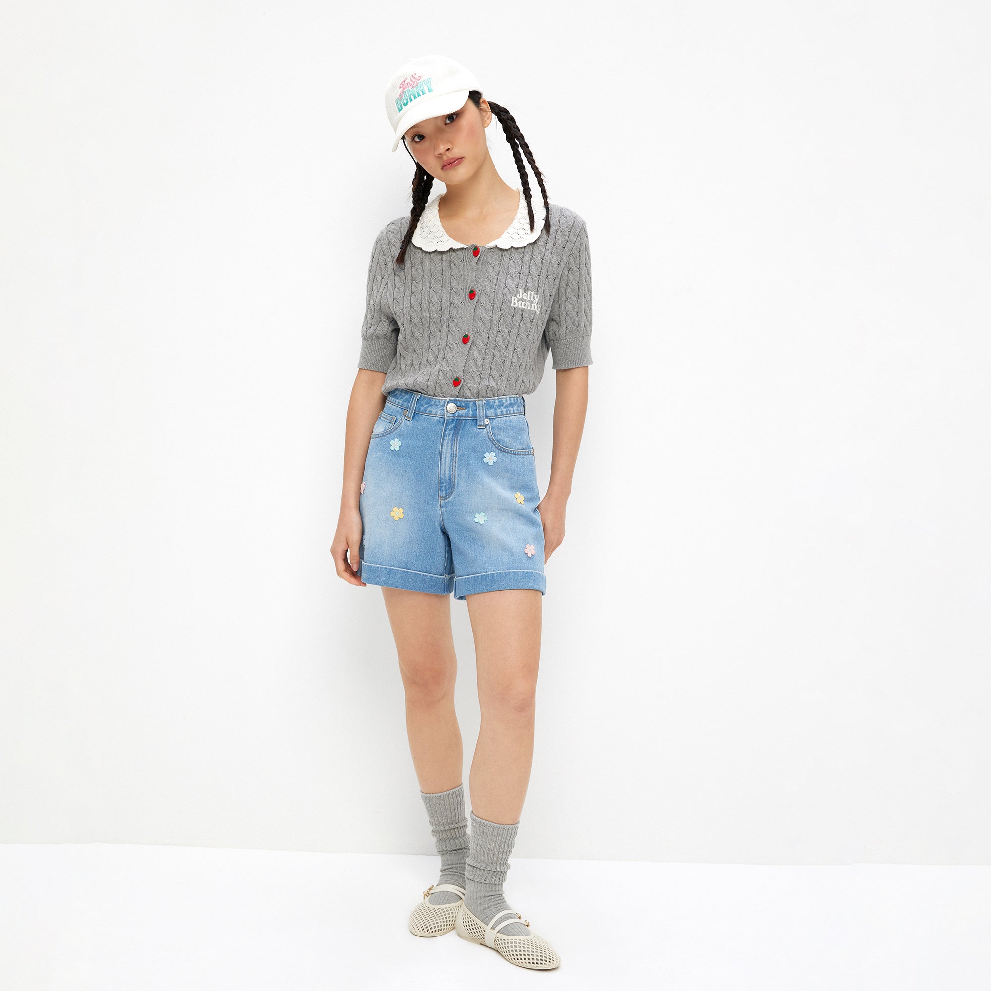Sakura Embellished Denim Shorts Blue
