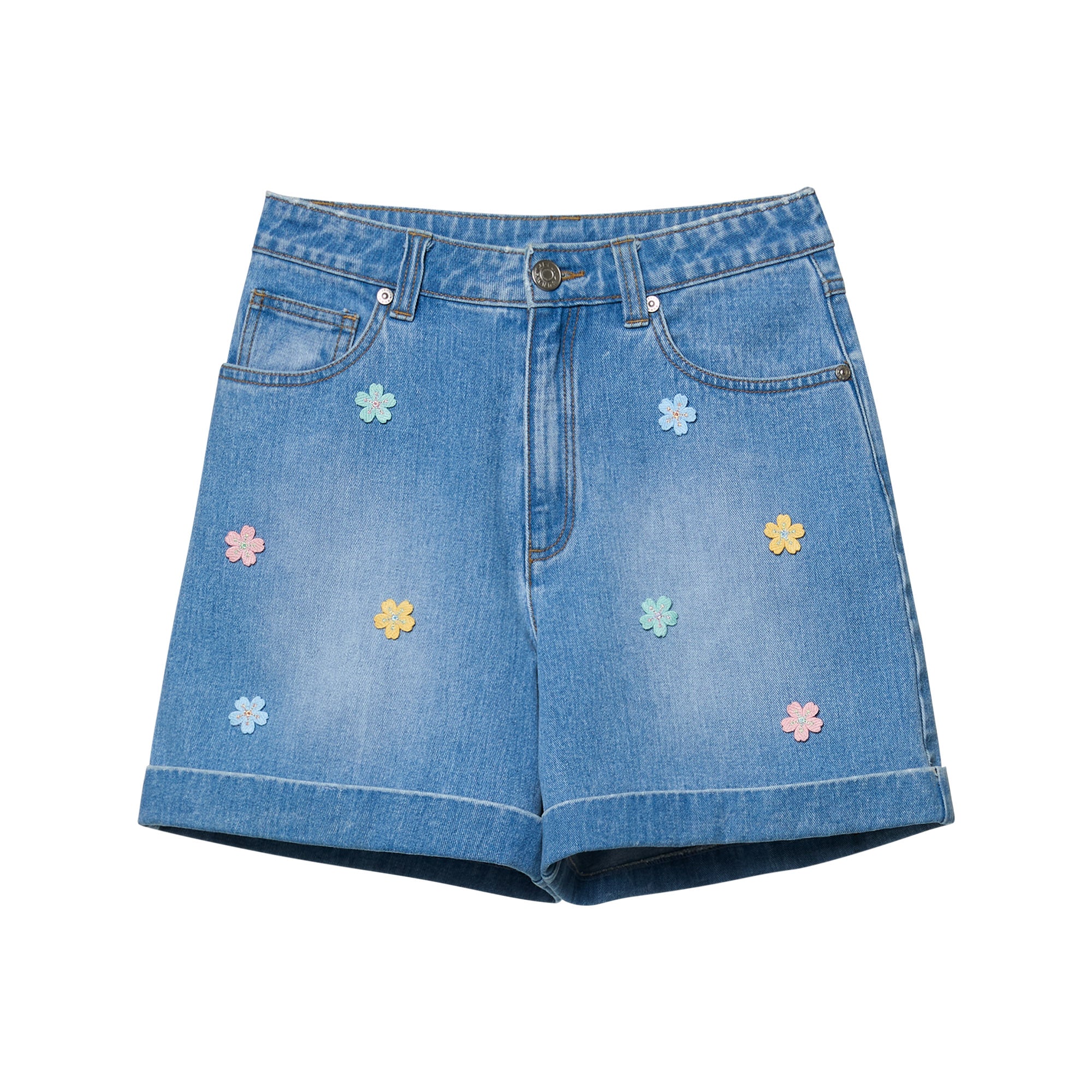 Sakura Embellished Denim Shorts Blue