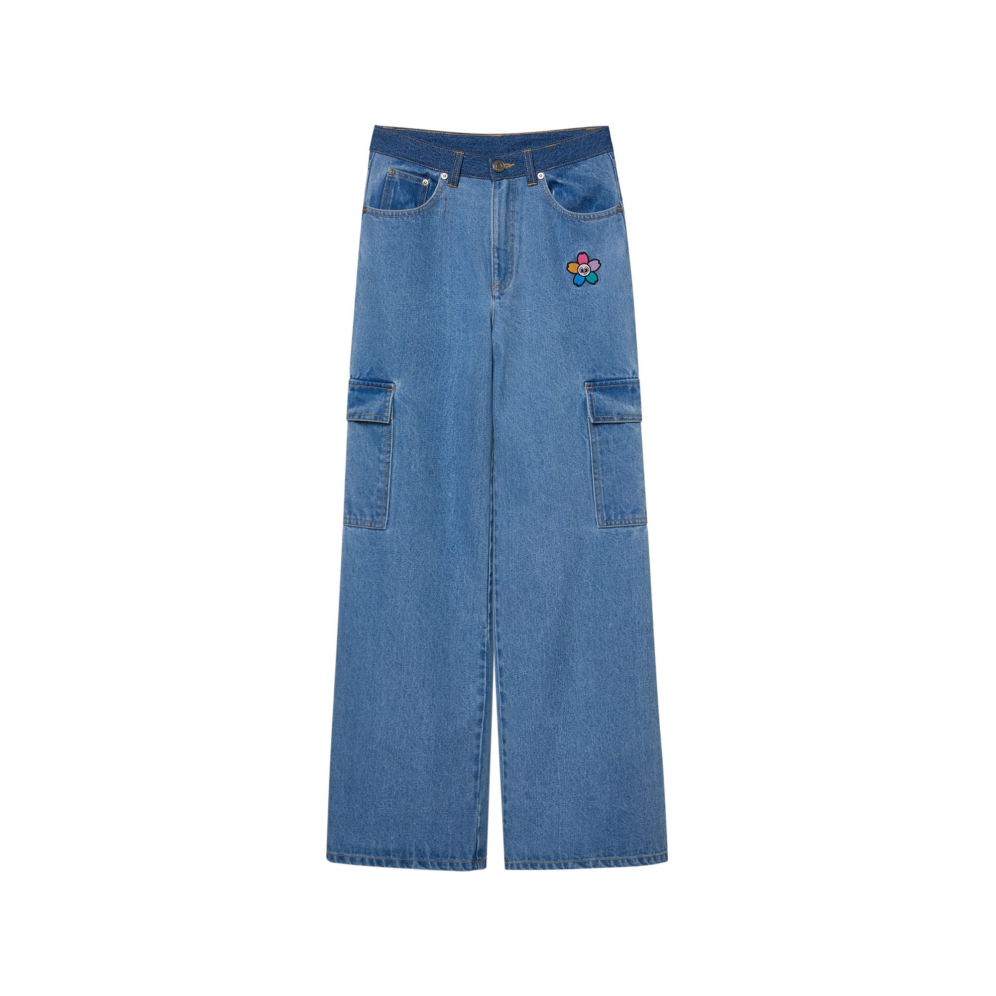 Sakura Embroidery Denim Pants Blue