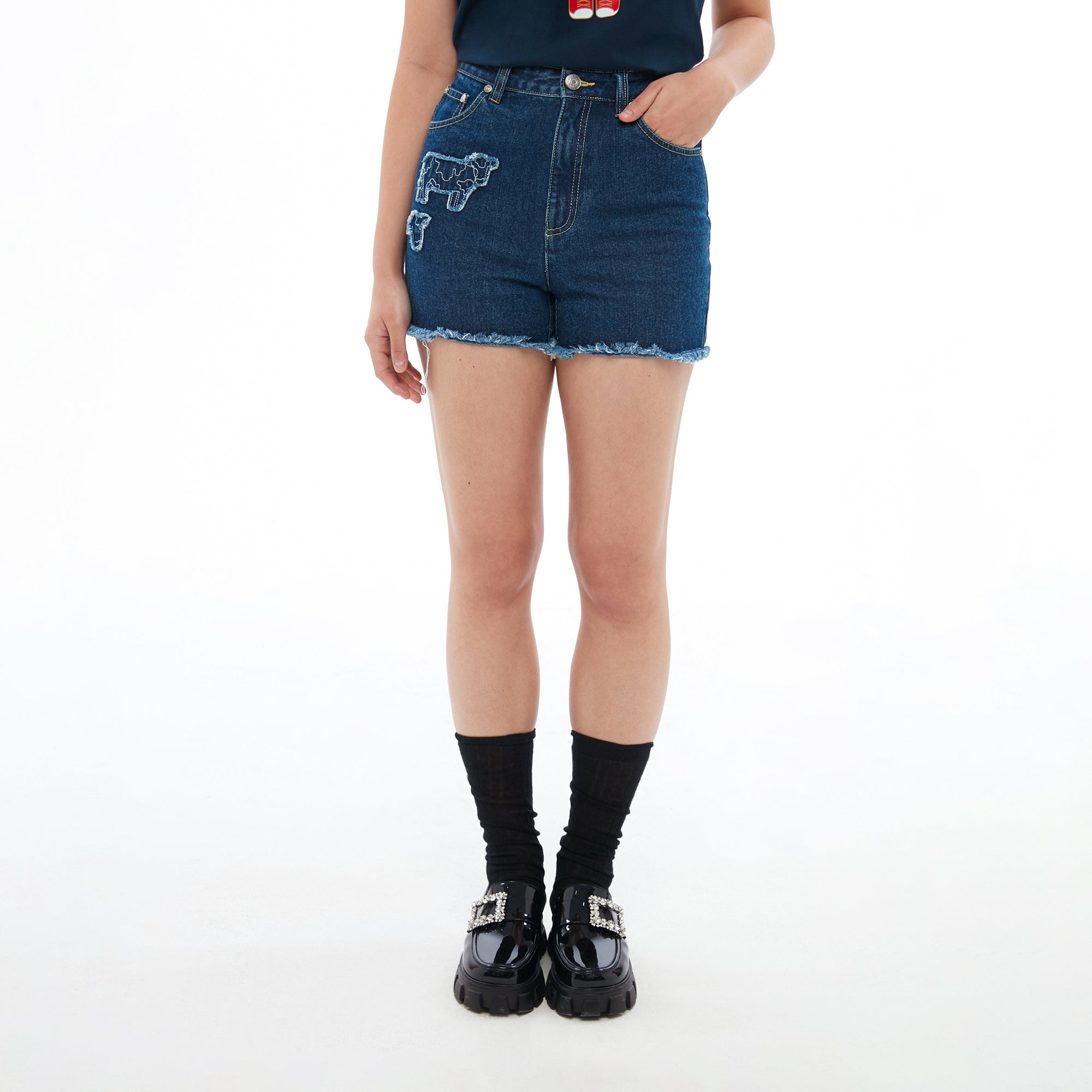 Animal Embroidery Denim Shorts Blue