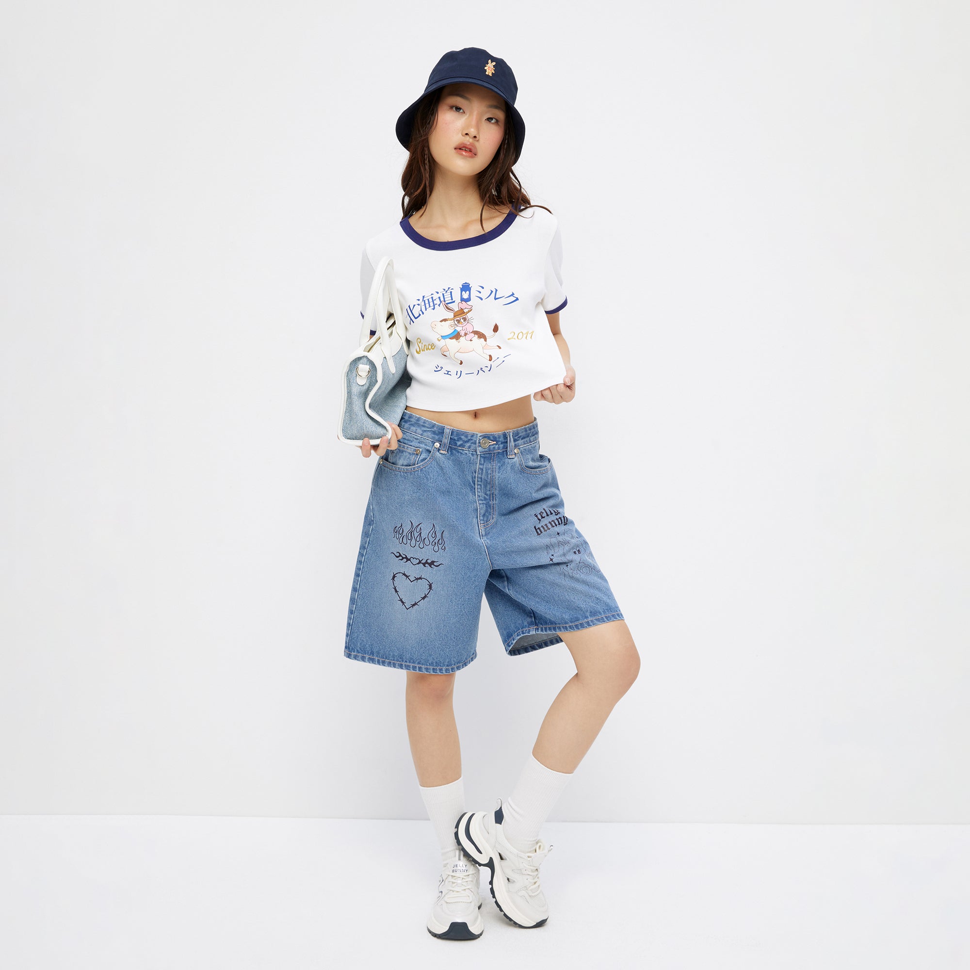 Print Crop Short Sleeve T-Shirt White