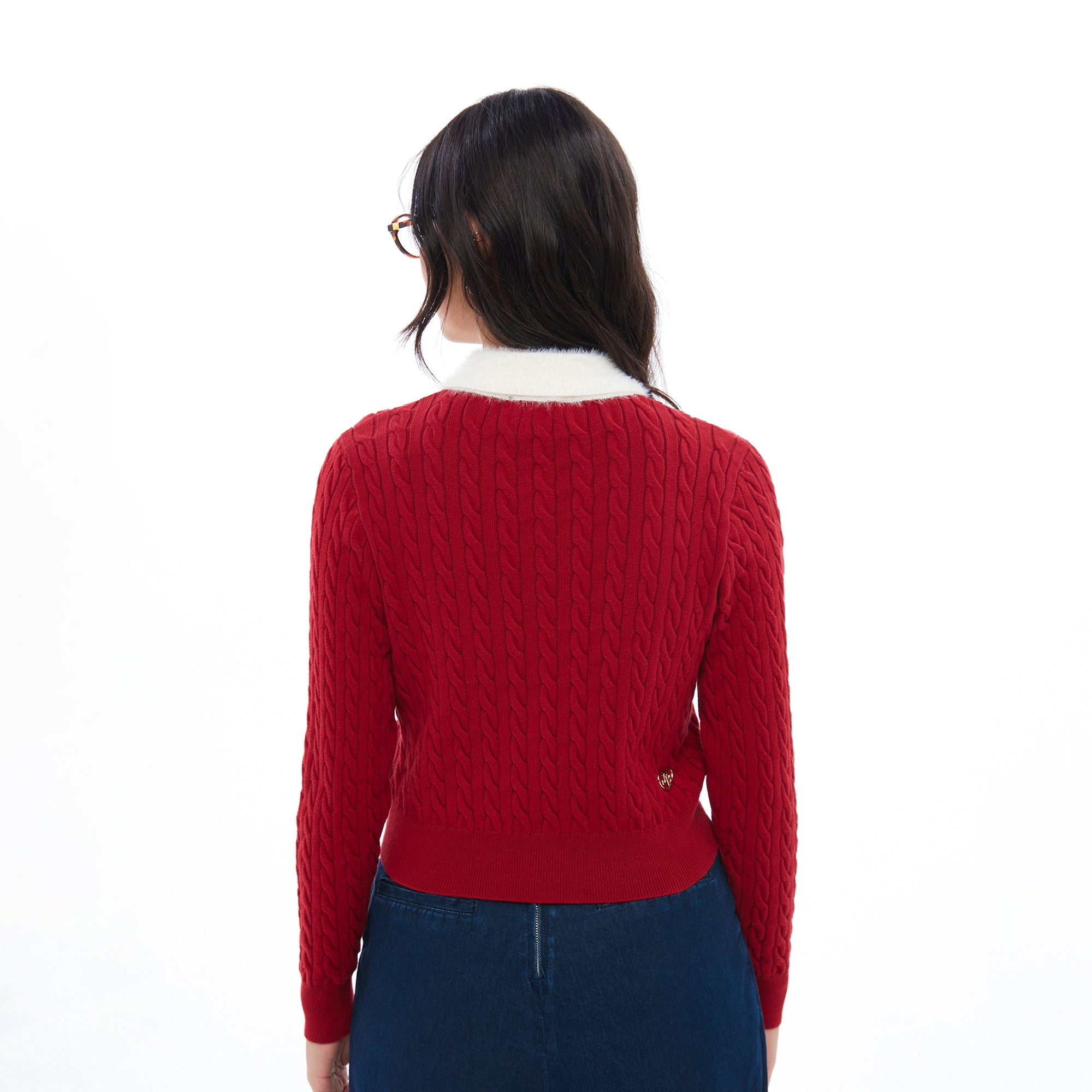 Cable Knitted Jerme Long Sleeve Cardigan Red