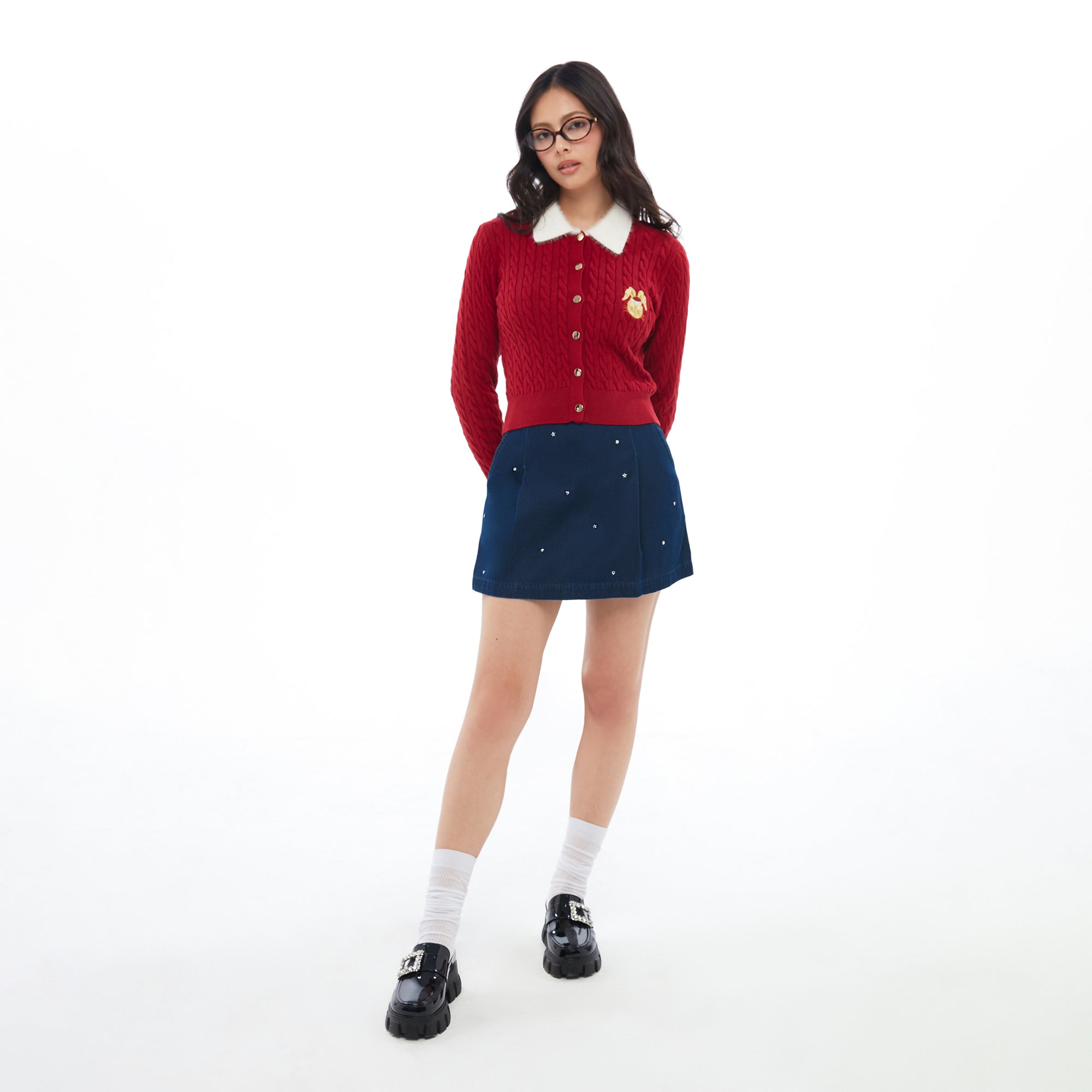 Cable Knitted Jerme Long Sleeve Cardigan Red