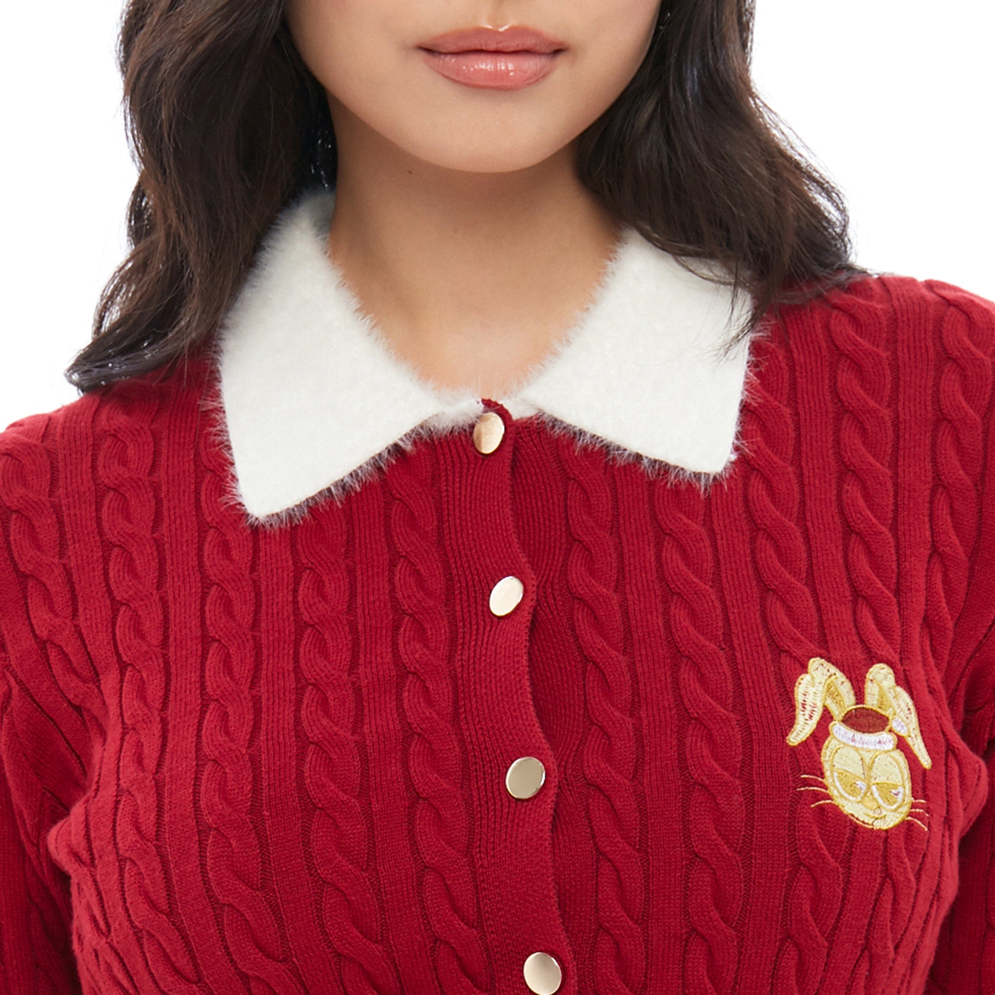 Cable Knitted Jerme Long Sleeve Cardigan Red