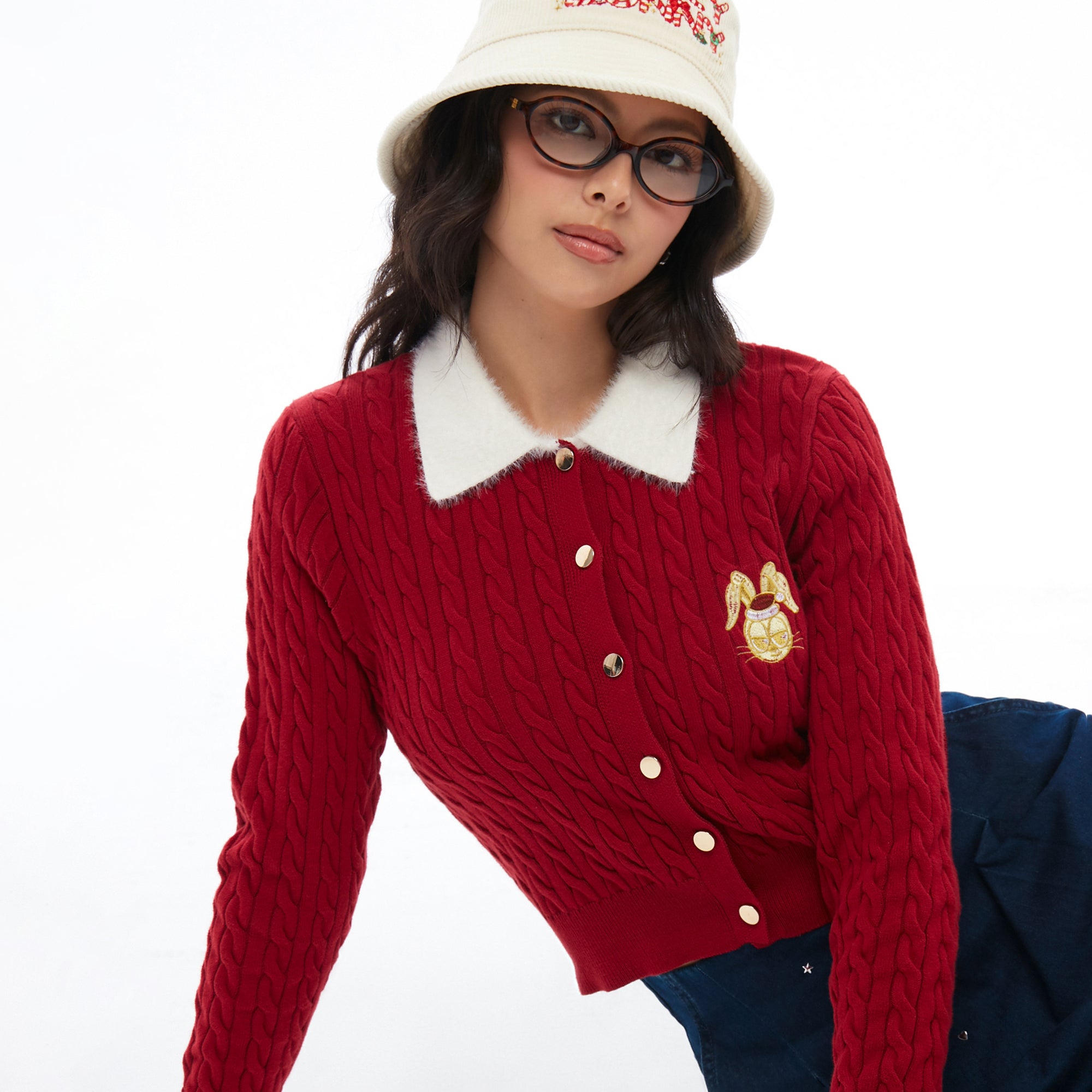 Cable Knitted Jerme Long Sleeve Cardigan Red