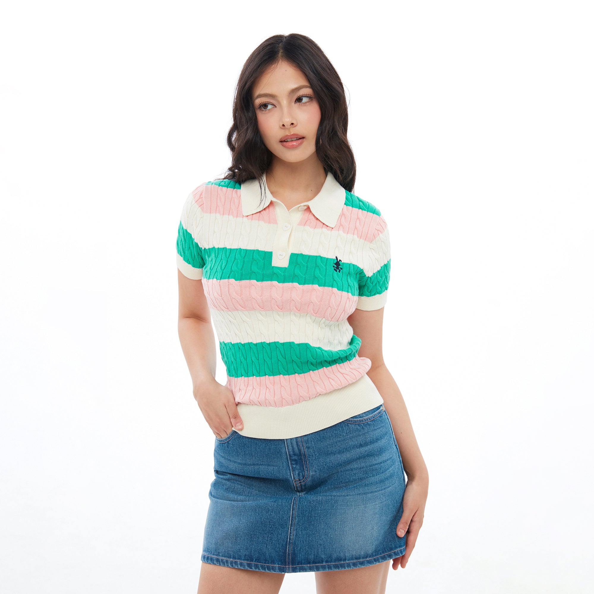 Cable Knitted Stripe Polo T-Shirt Multi Color