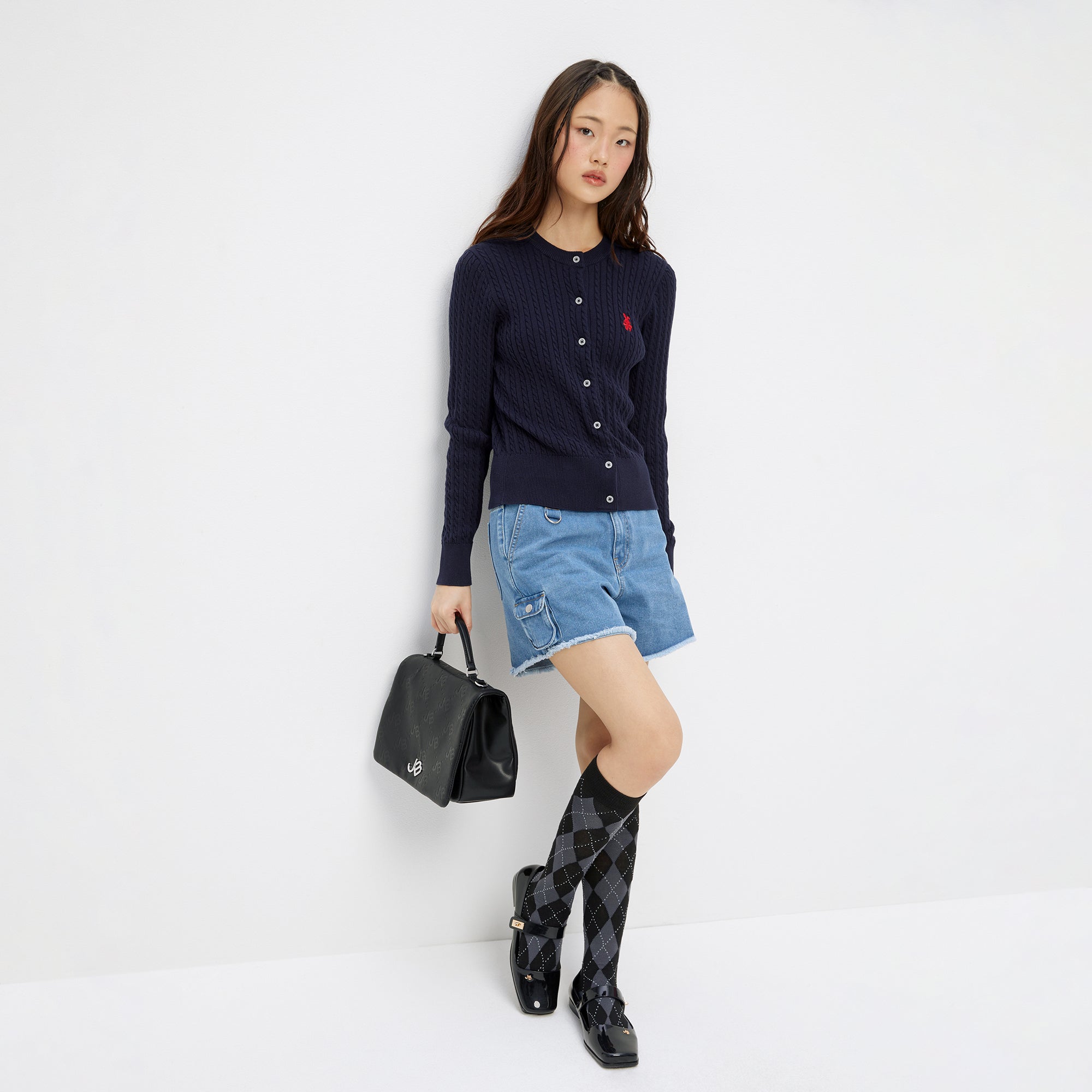 เสื้อคาร์ดิแกนถักเคเบิ้ลปักลาย Navy