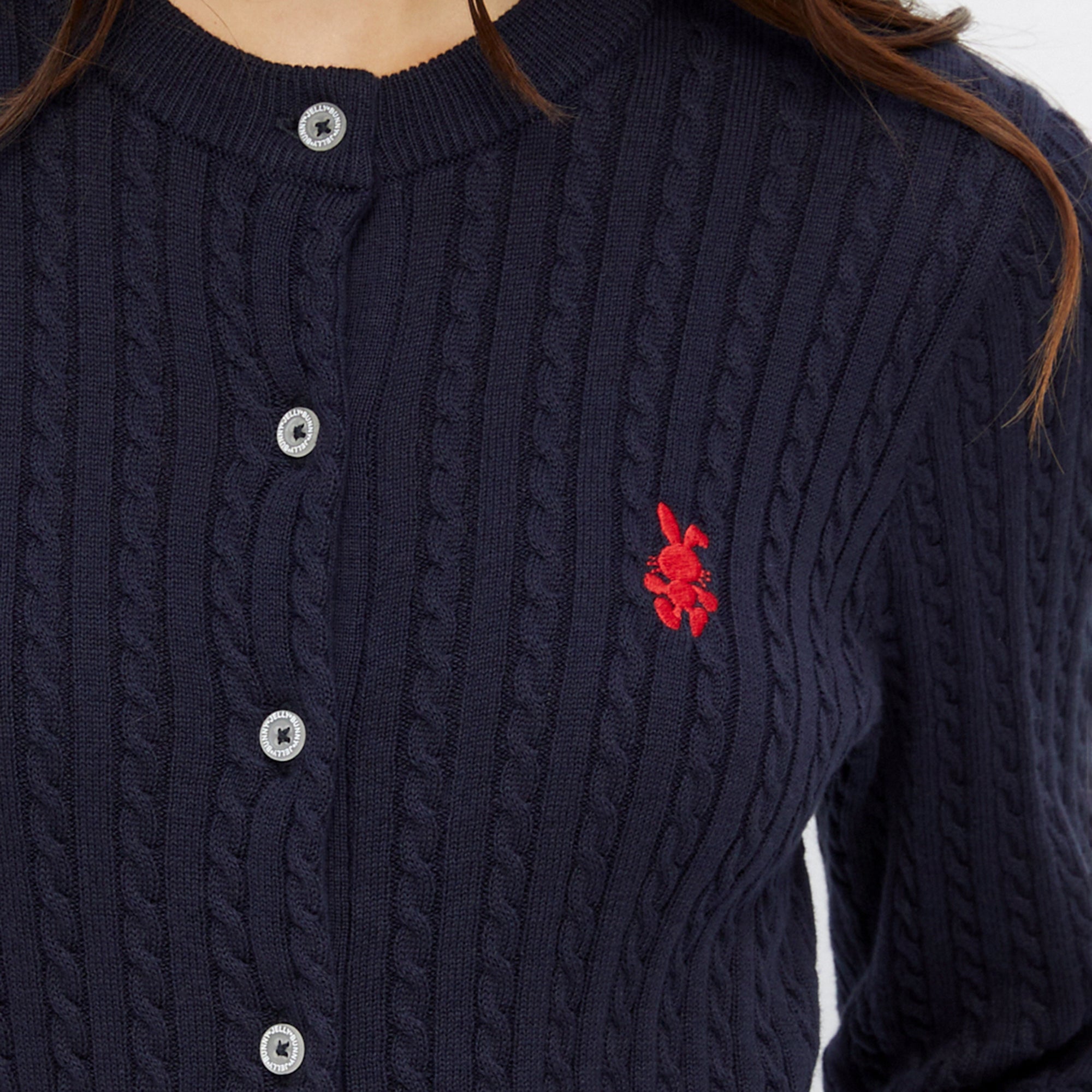 เสื้อคาร์ดิแกนถักเคเบิ้ลปักลาย Navy