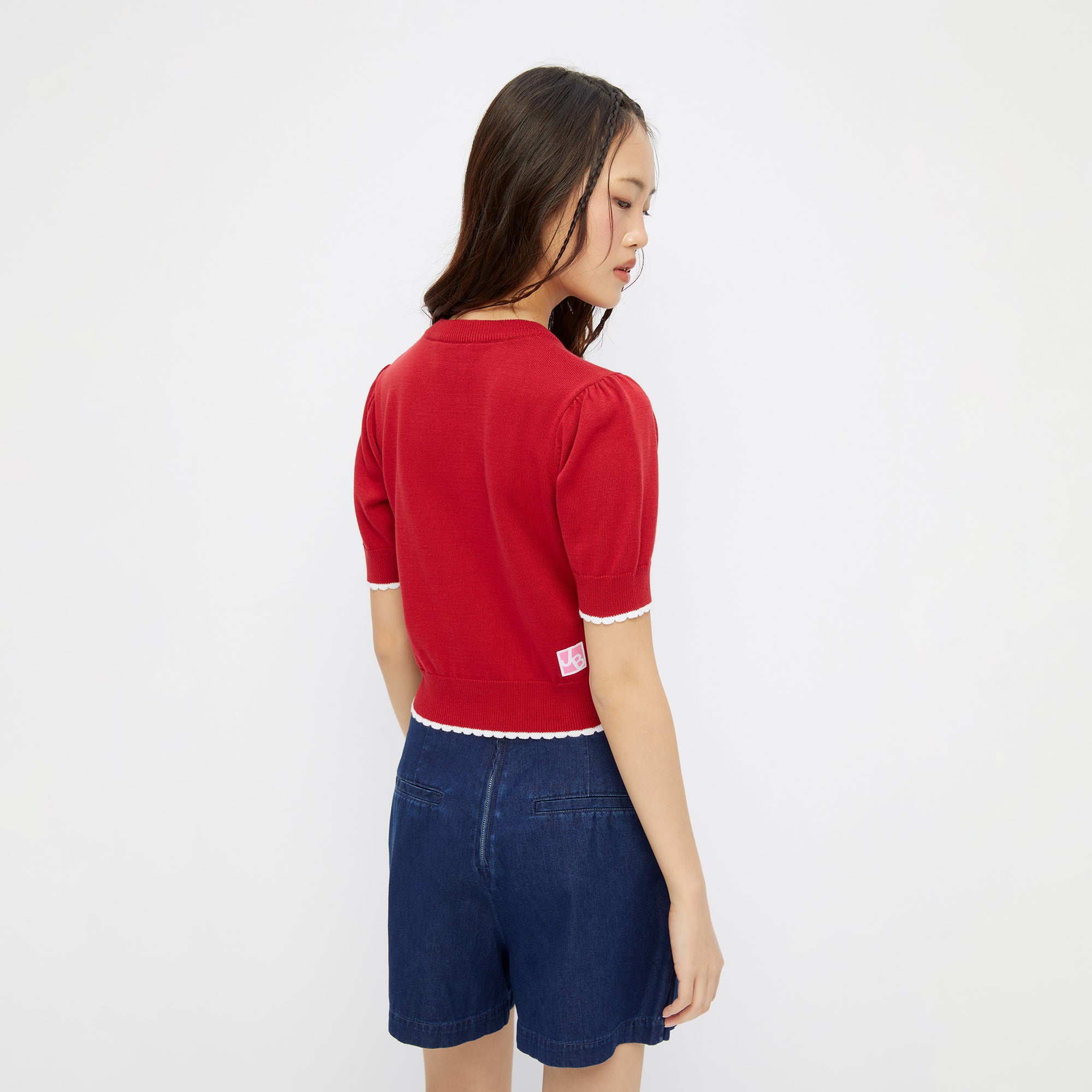 Knitted Embroidery Short Sleeve Top Red