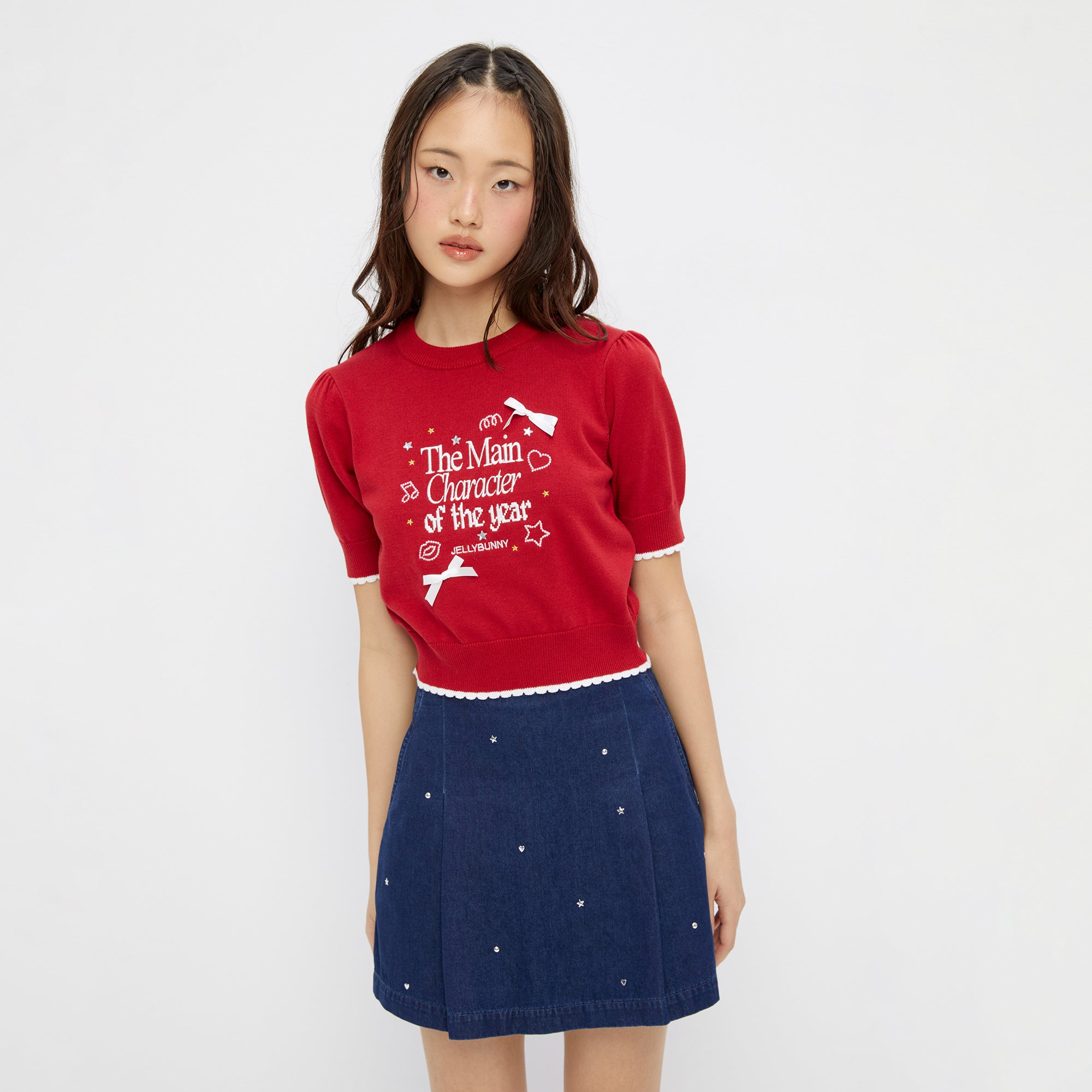 Knitted Embroidery Short Sleeve Top Red
