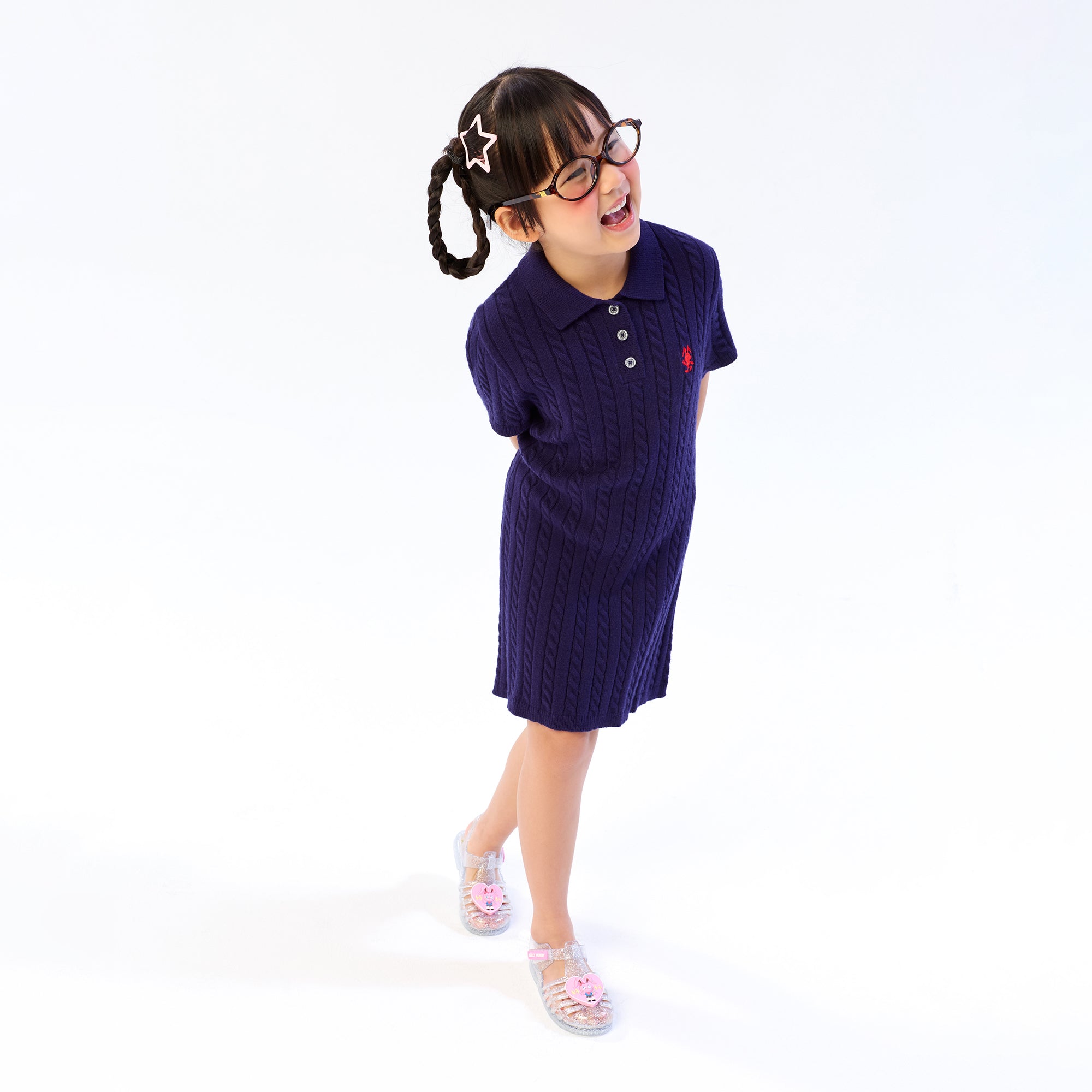 เดรสสั้นถักเคเบิ้ลปักลาย Jerme สำหรับเด็กผู้หญิง Navy